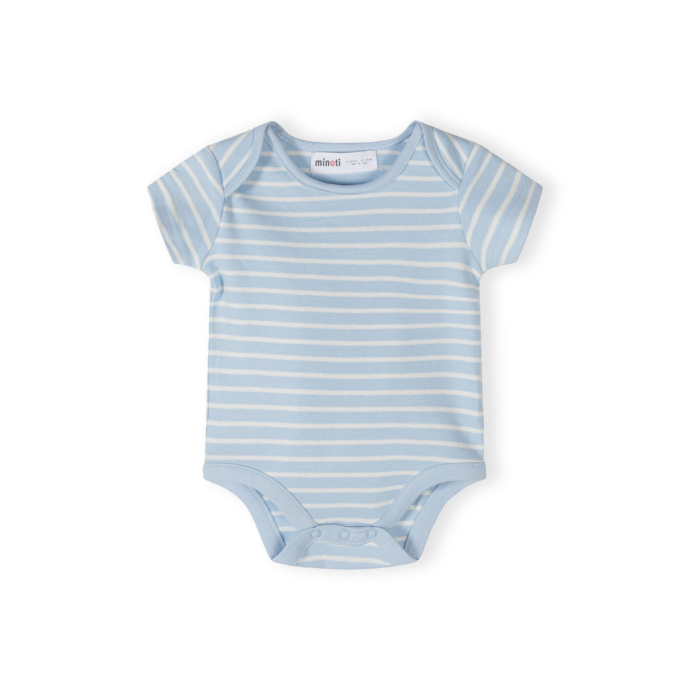 Close-up detail of cream bodysuit showing blue dinosaur with red spikes, speech bubbles saying 'AWESOME' and 'COOL', and Minoti size label