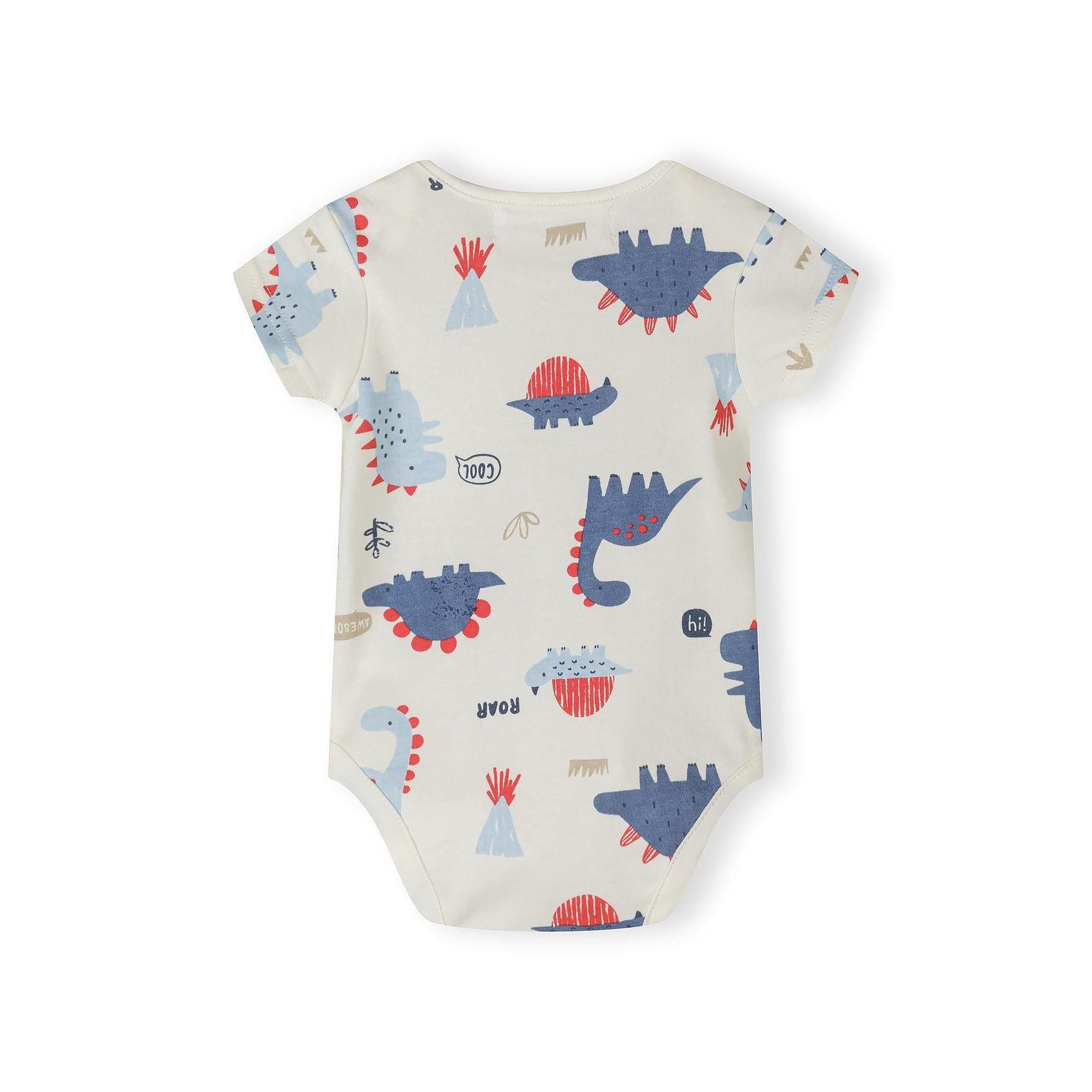 Close-up detail of cream bodysuit showing dinosaur characters with 'Hi', 'Awesome' and 'Cool' text, blue and red colour accents