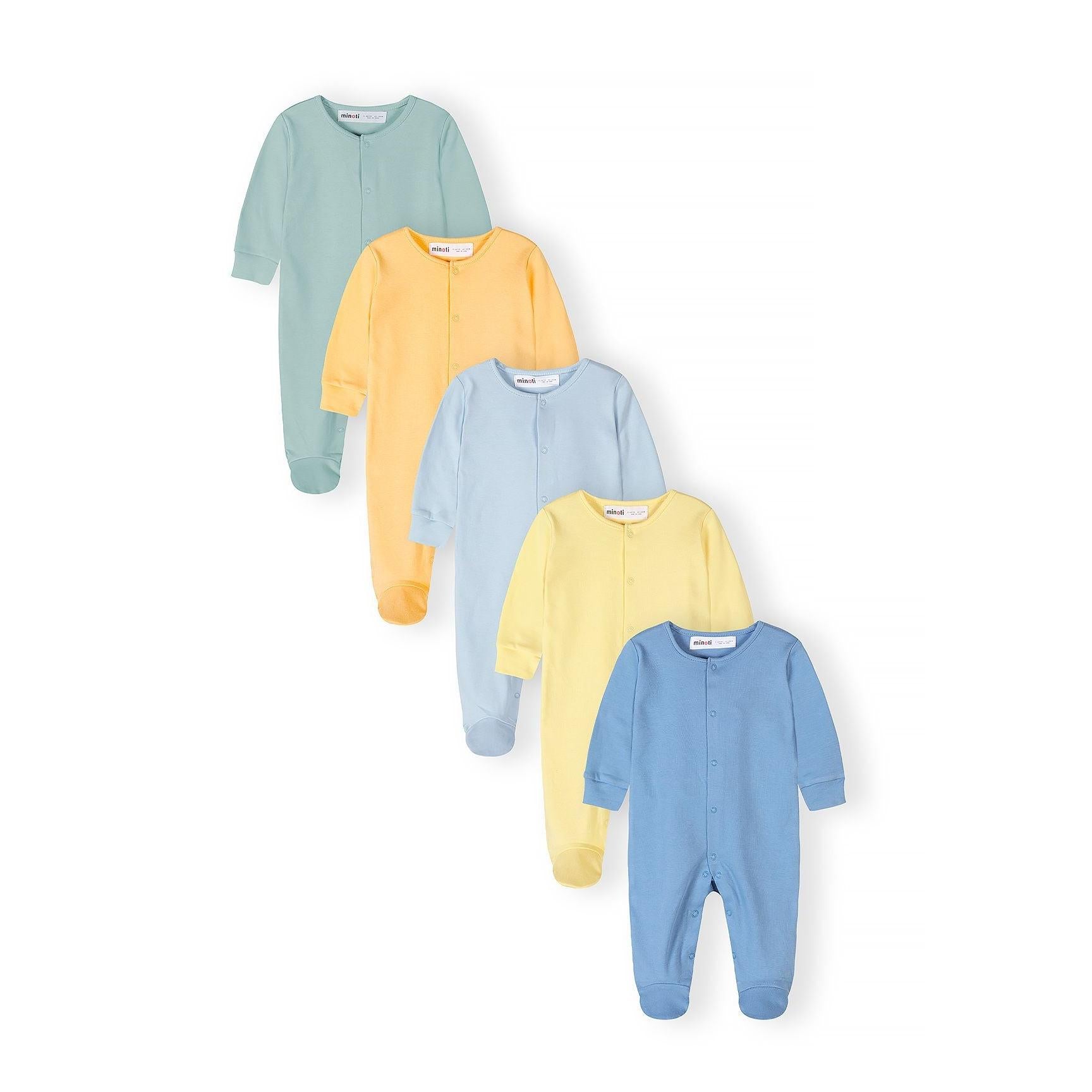 Five baby sleepsuits in pastel colours arranged in a fan layout showing mint green, yellow, powder blue, light yellow and blue sleepsuits with snap fastenings on white background