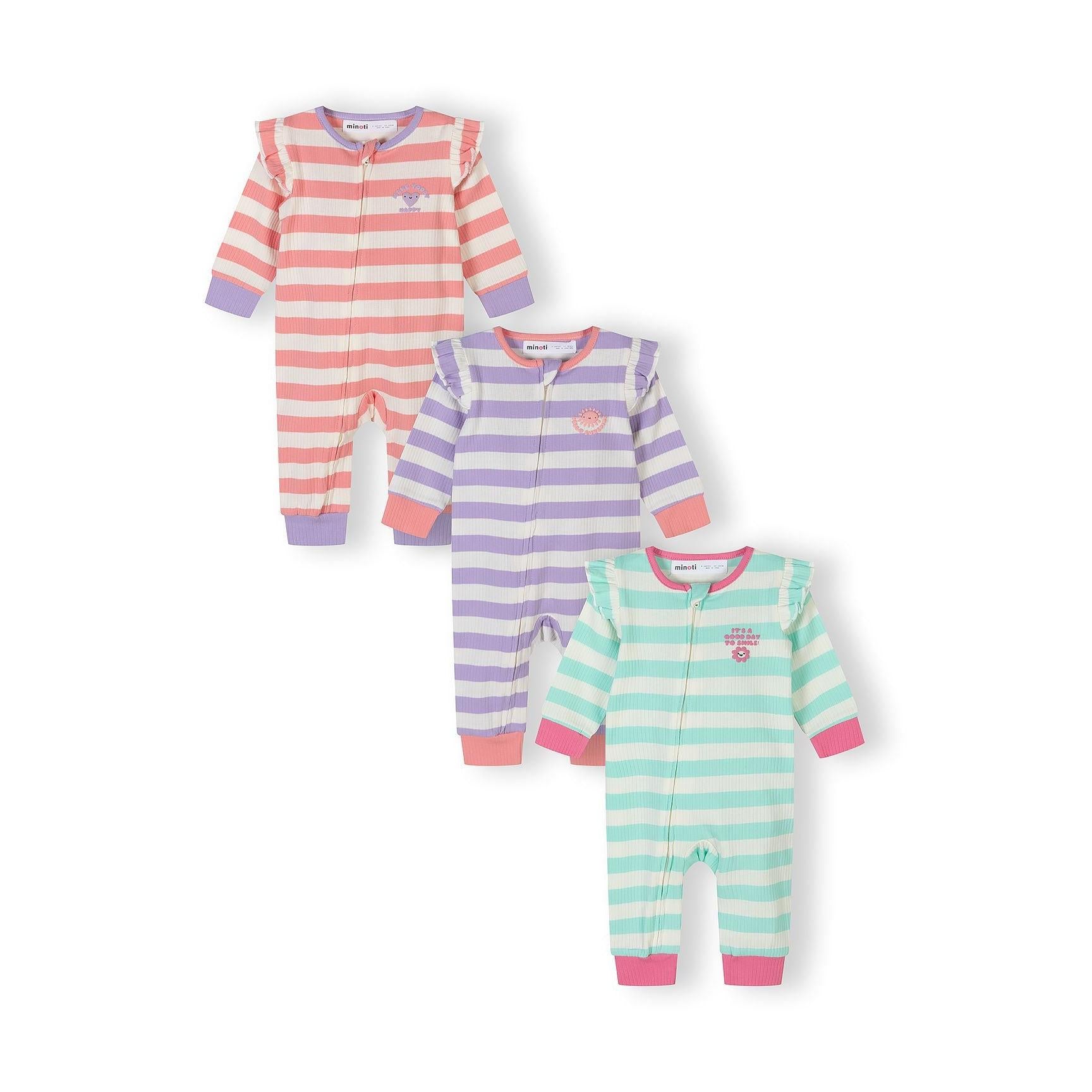 Three ribbed cotton sleepsuits displayed on white background showing coral-cream stripes, purple-cream stripes and mint-cream stripes with ruffle shoulders