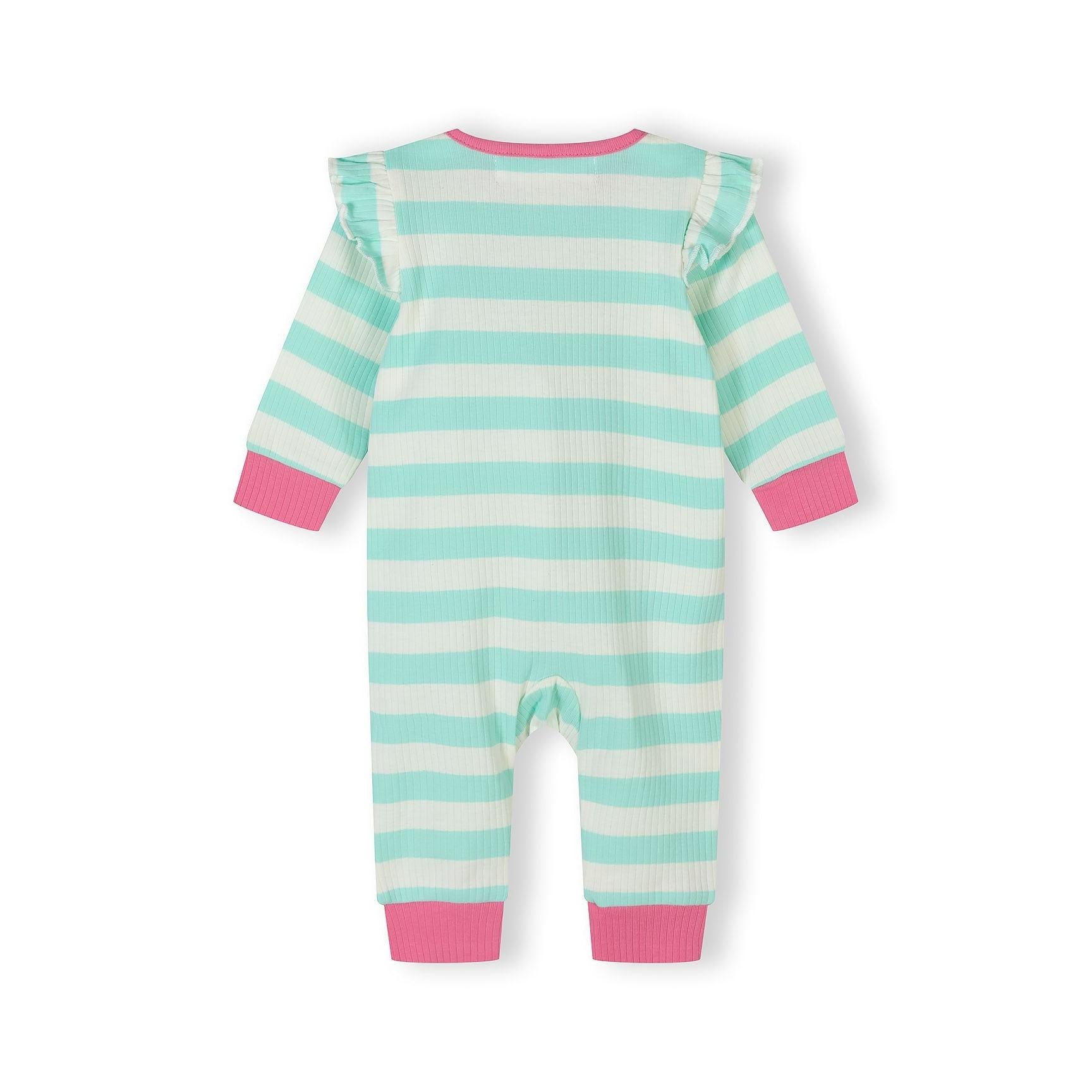 Close-up detail of coral-cream striped sleepsuit showing Minoti label, front zip closure and purple character embroidery saying so loved