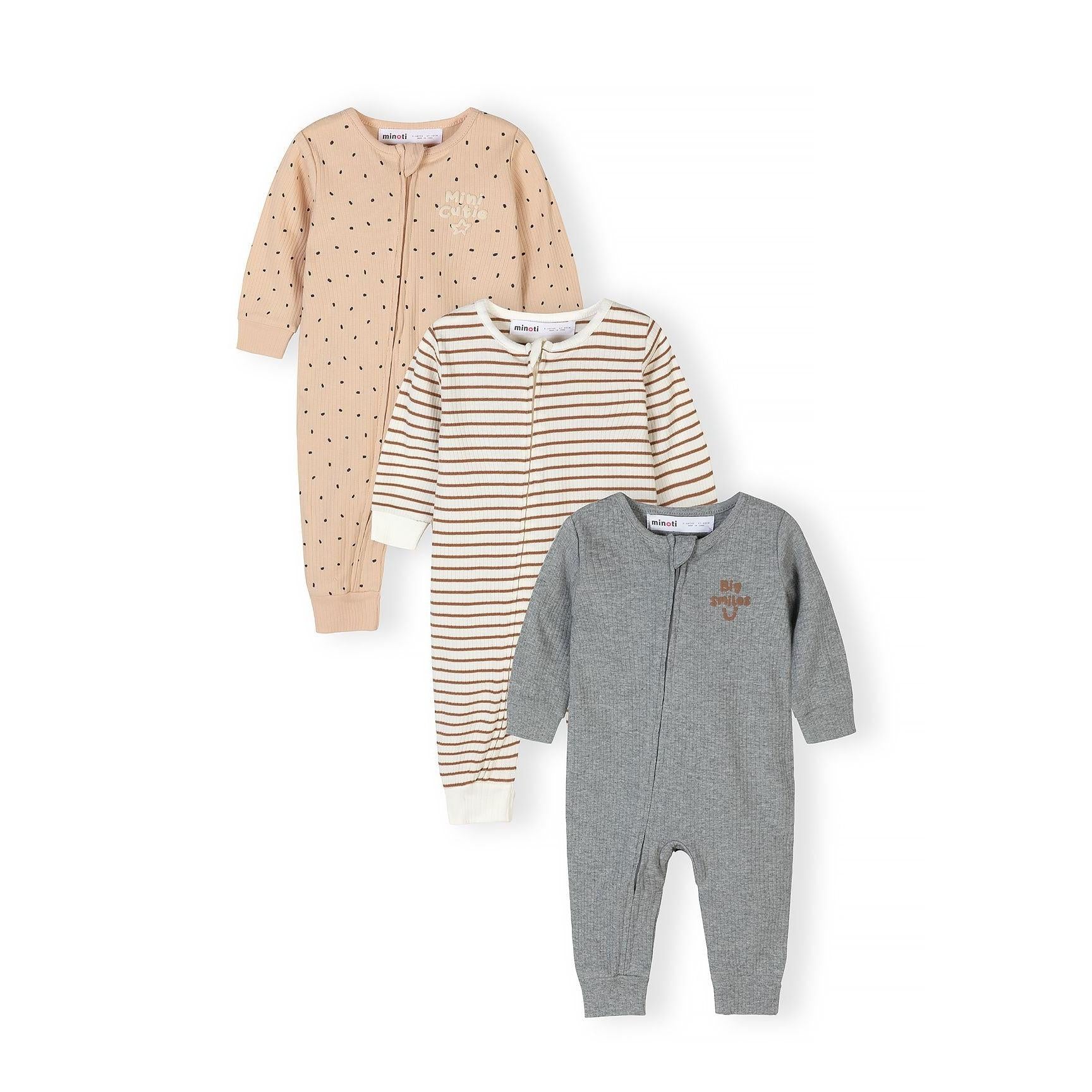 Three baby rompers displayed on white background - beige polka dot, cream striped, and grey ribbed rompers with front zip closures