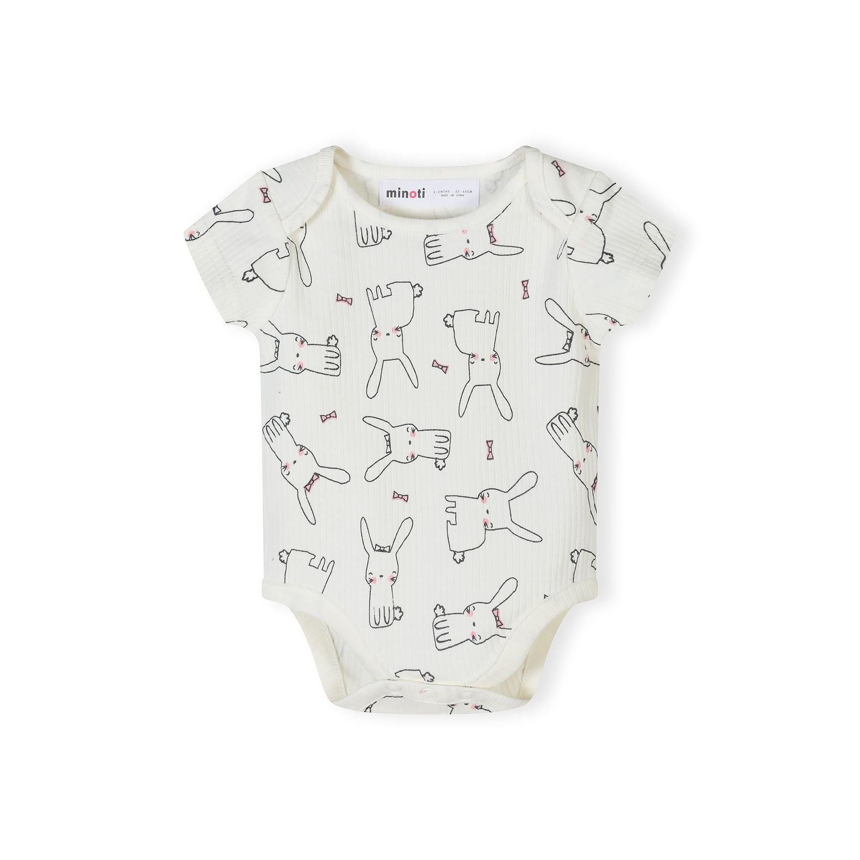 Single white cotton bodysuit with black line drawing rabbit and bow tie pattern displayed flat