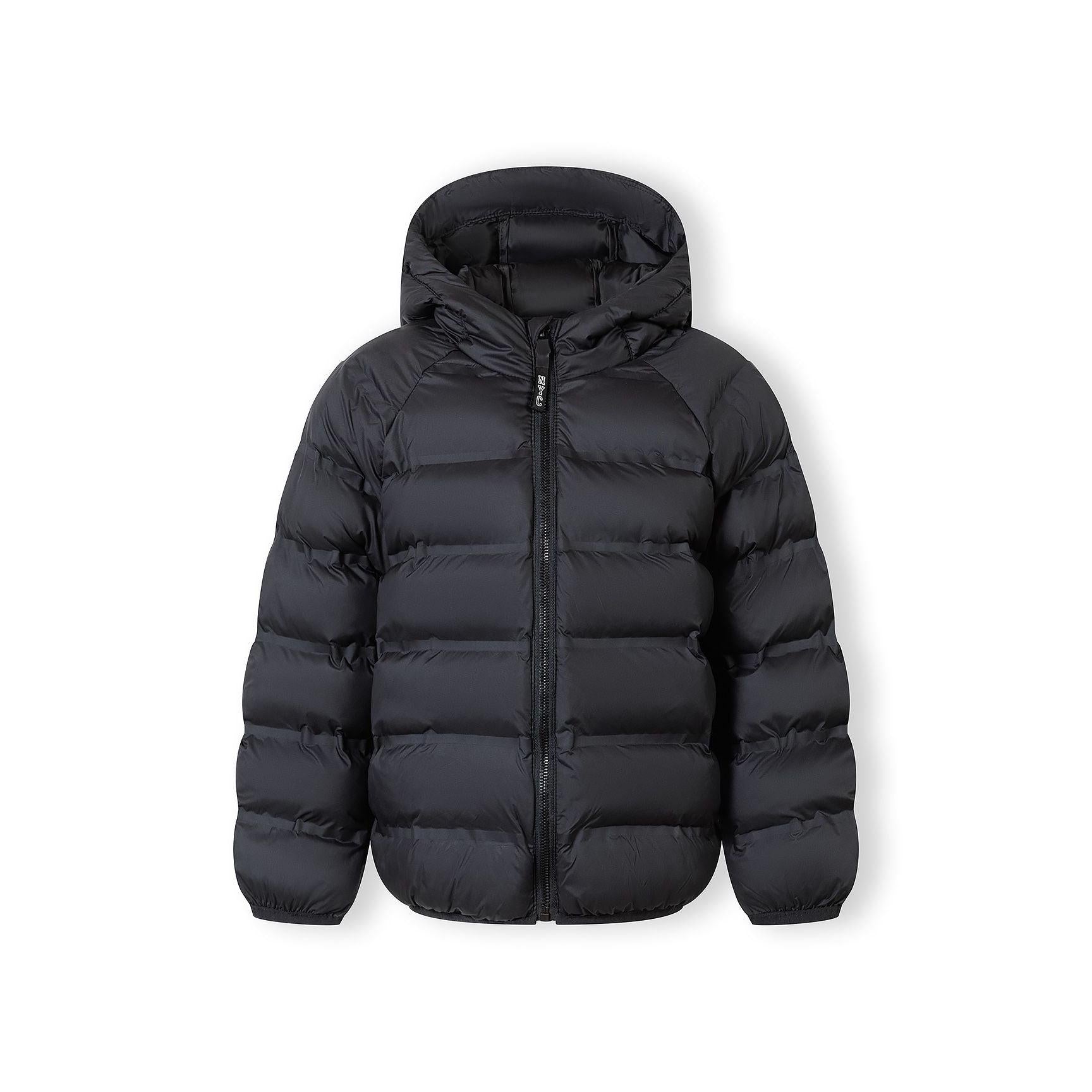 Black lightweight padded jacket laid flat showing back view with hood up, displaying quilted pattern and overall construction on white background