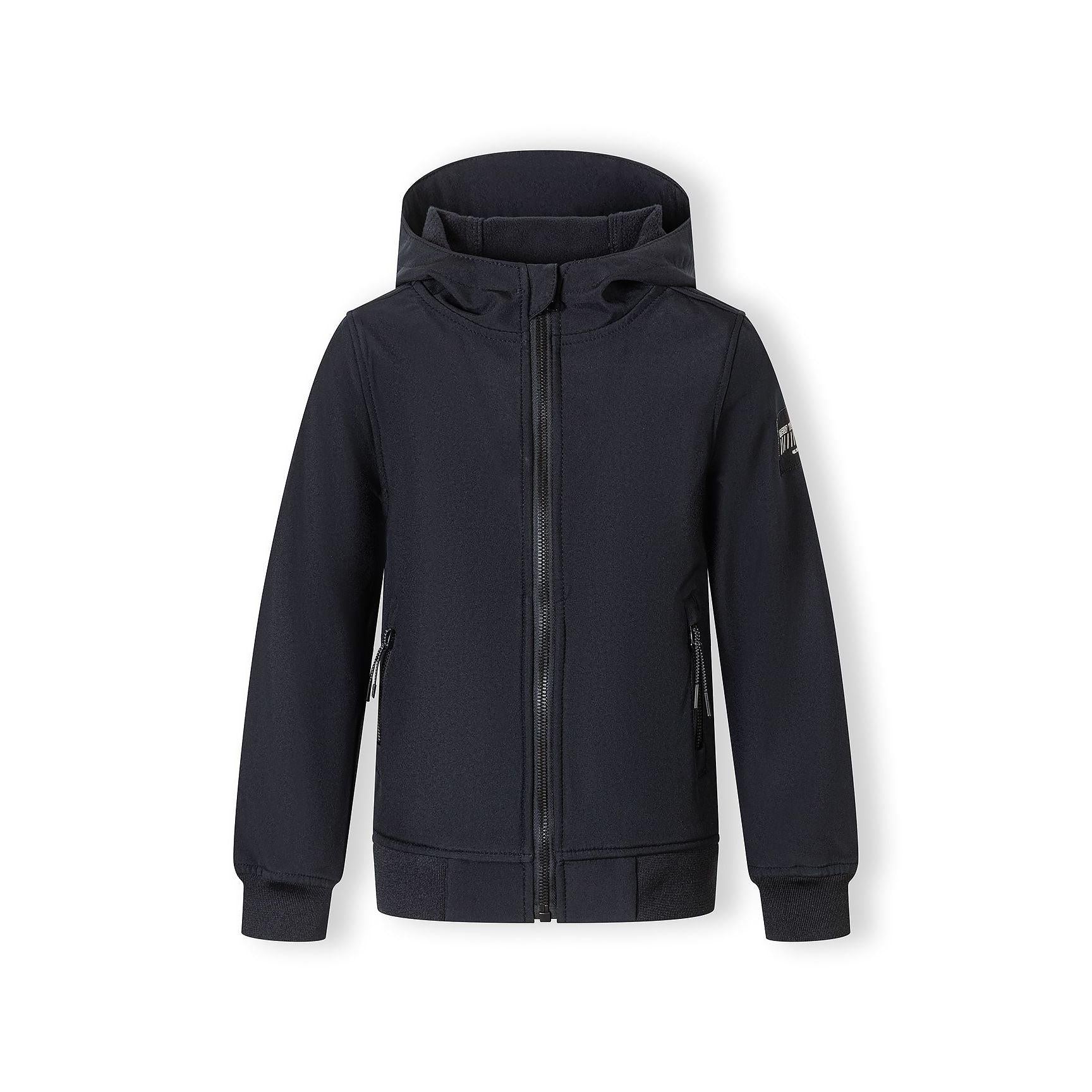 Black softshell jacket displayed flat against white background showing full zip front, hood and side pockets