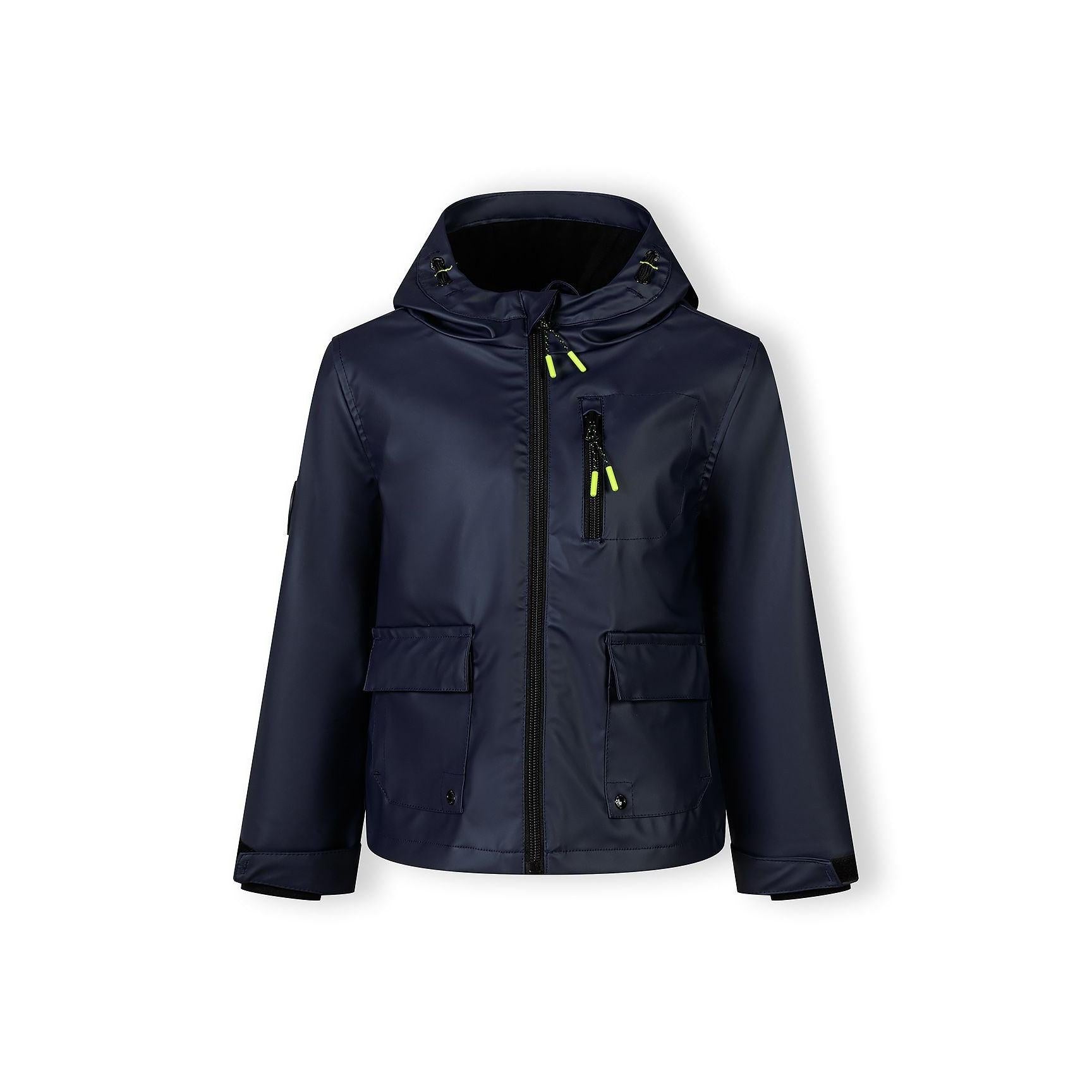 Navy waterproof parka jacket laid flat showing hooded design, chest pocket and yellow zipper pulls on white background