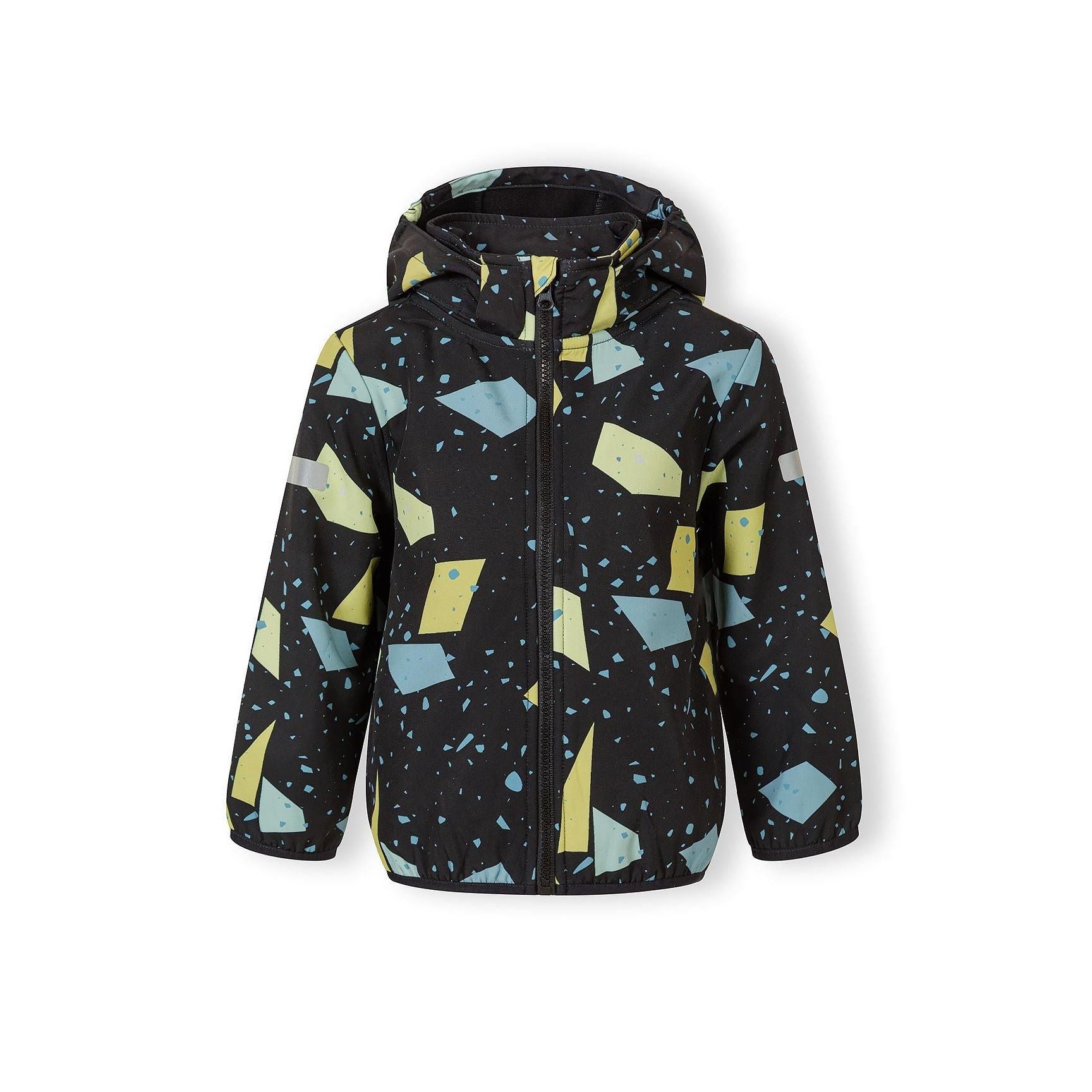 Gunmetal softshell jacket with abstract geometric print laid flat showing full front zip closure, fixed hood and Minoti label, photographed against white background