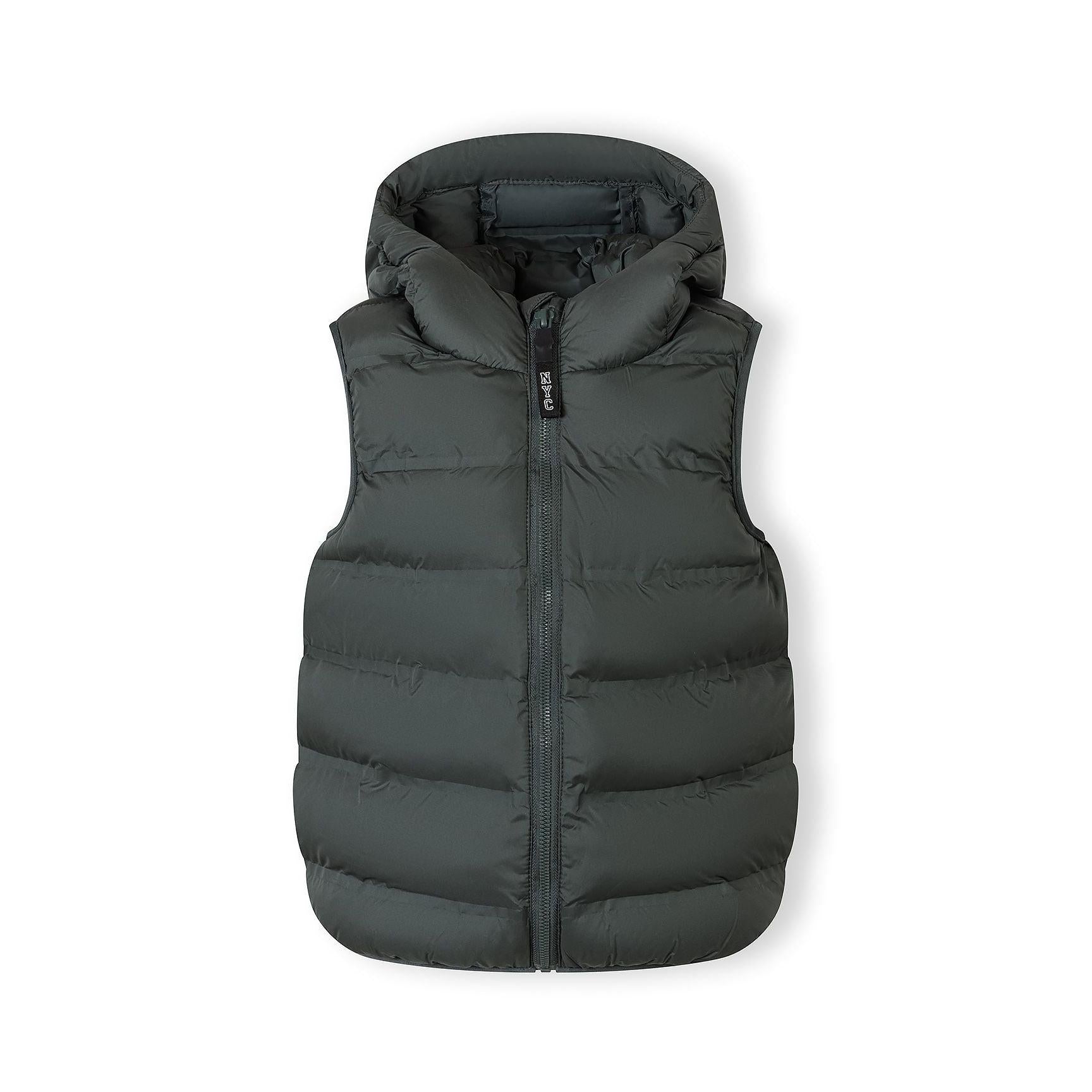 Flat lay view of olive quilted hooded waistcoat showing full-length zip closure and padded construction against white background