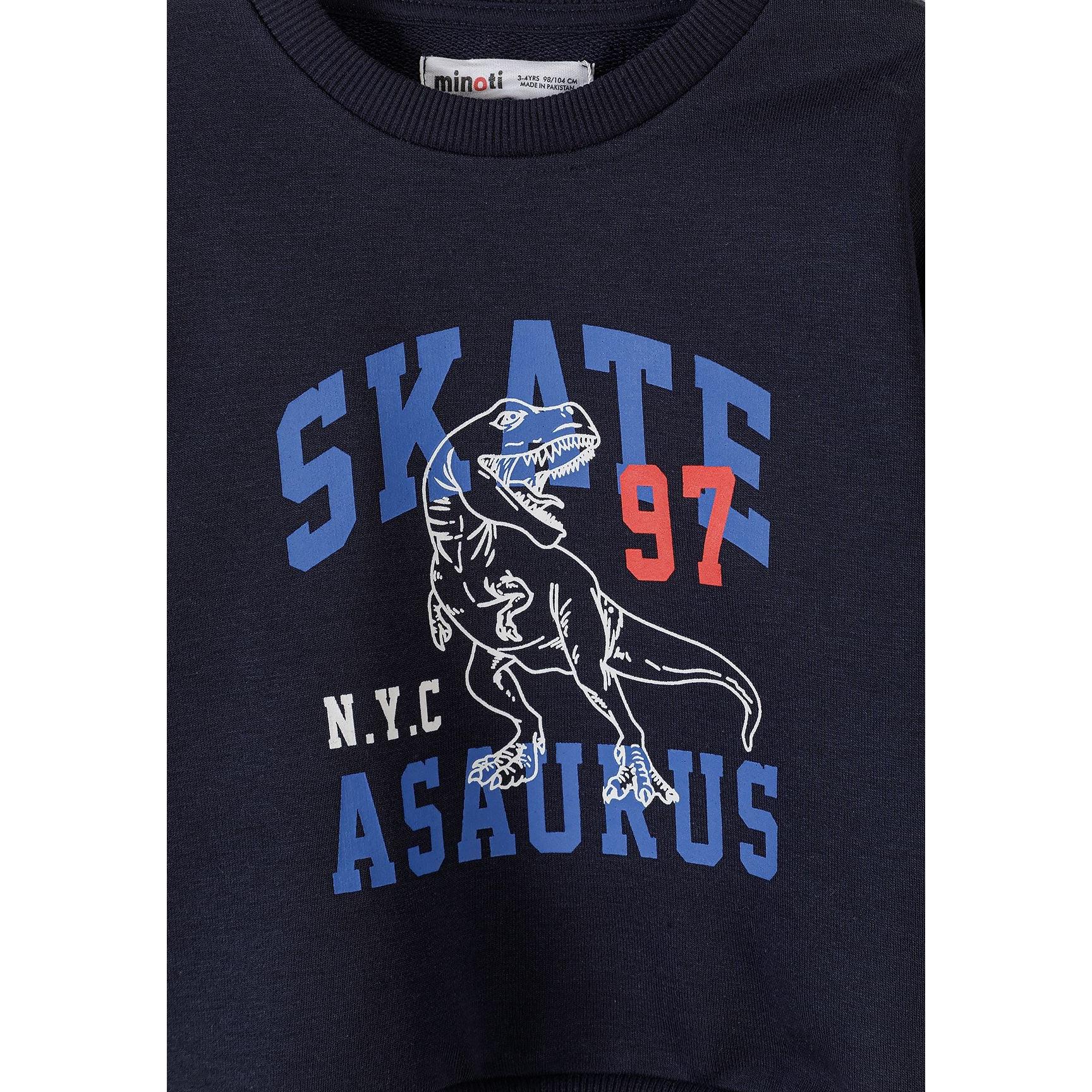 Detail view of white sweatshirt showing 'CALIFORNIA LA SAN DIEGO ATHL STATE' text print with Minoti brand label visible at neckline