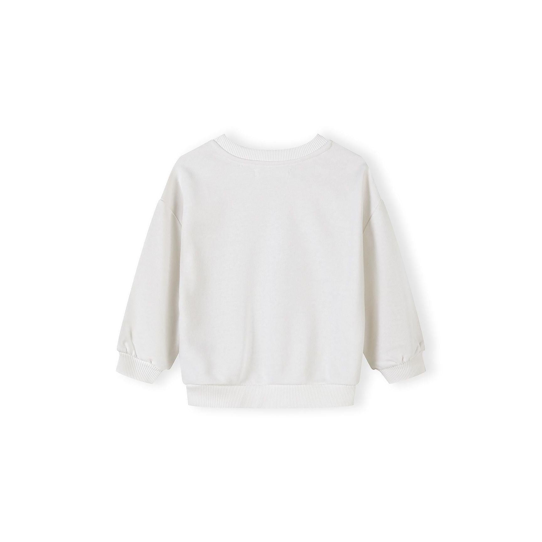 Detail view of white sweatshirt showing 'CALIFORNIA LA SAN DIEGO ATHL STATE' text print with Minoti brand label visible at neckline