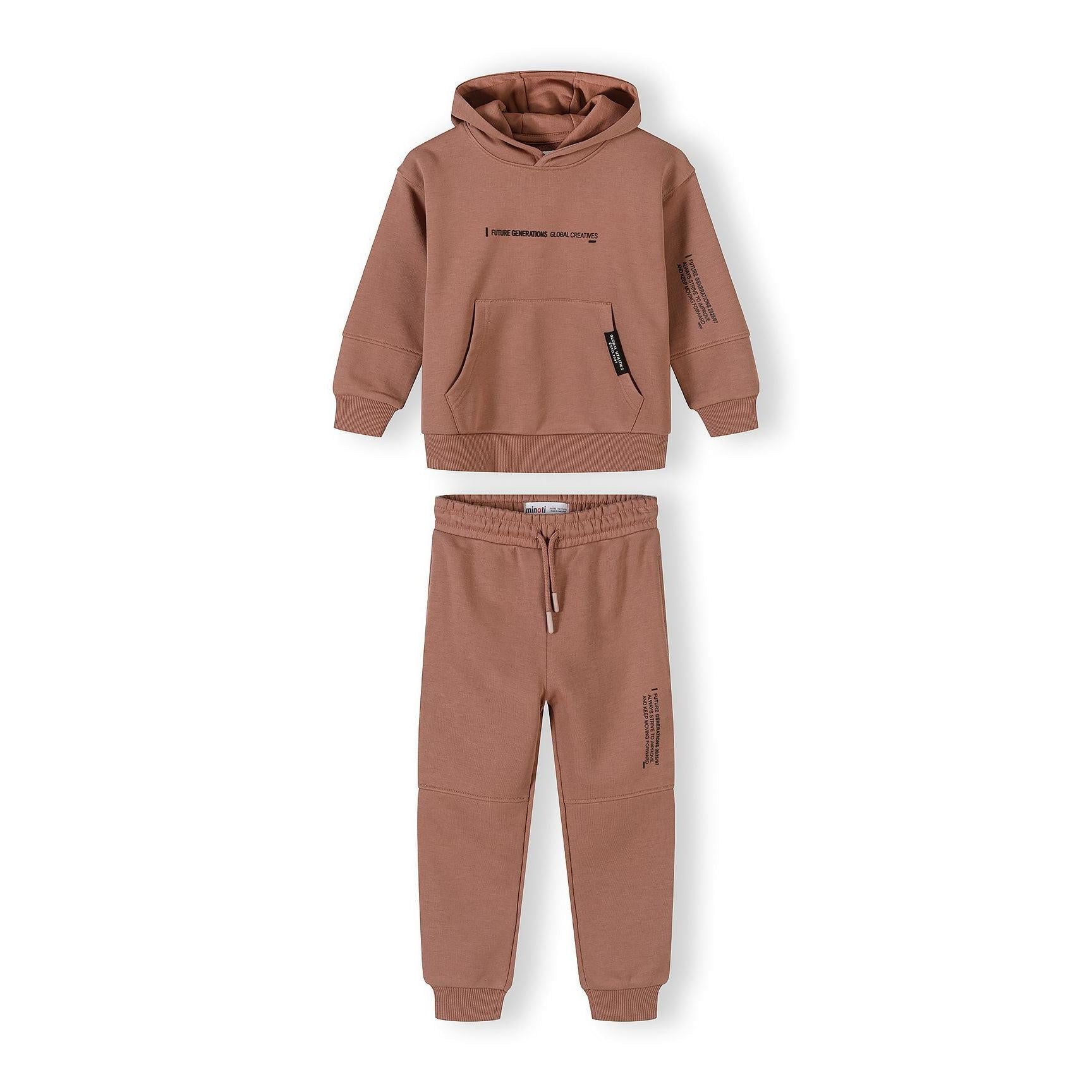 Cognac brown hooded tracksuit set displayed on white background showing hoodie and matching joggers with text details