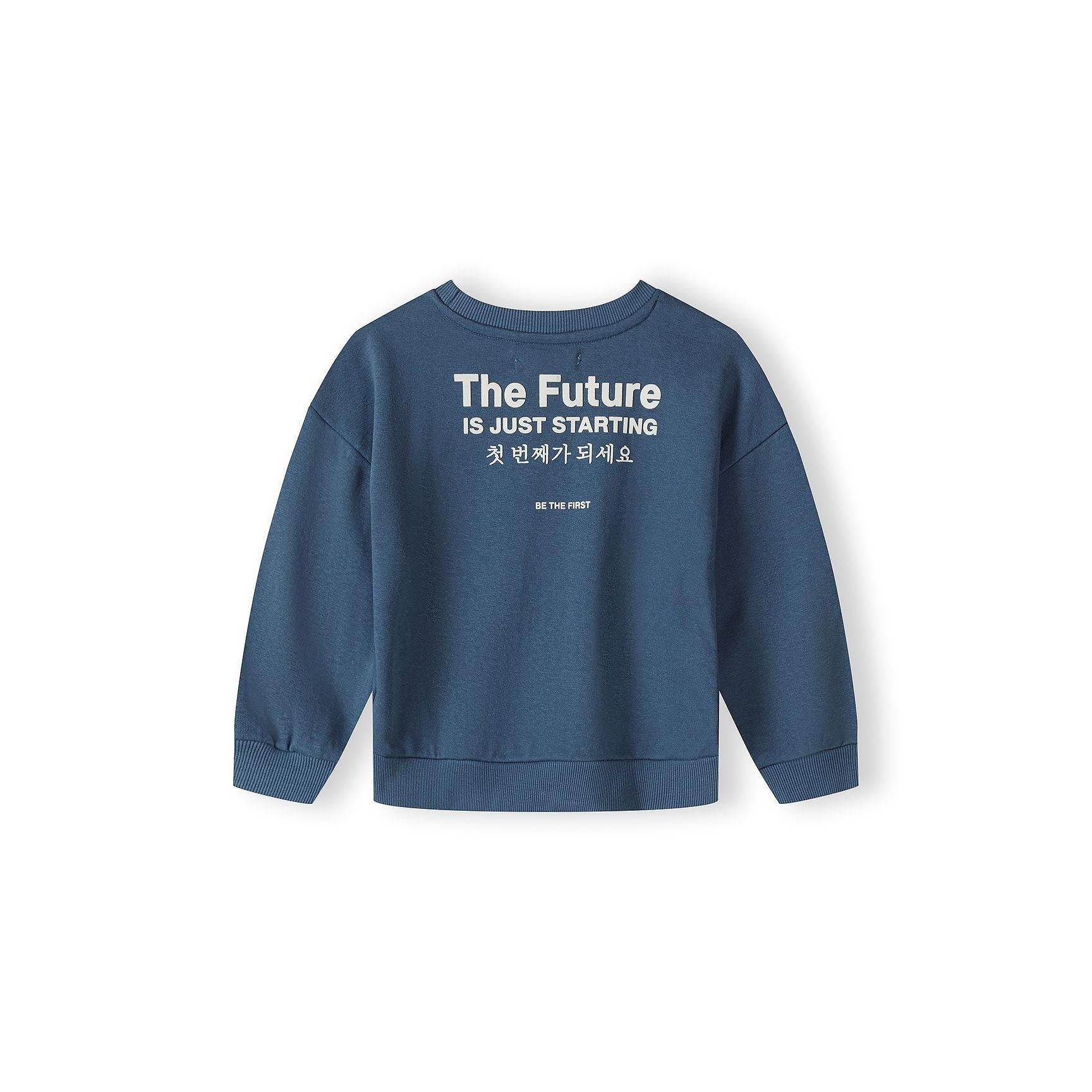 Blue crew neck sweatshirt with 'The Future Is Just Starting' text and Korean characters, flat lay on white background