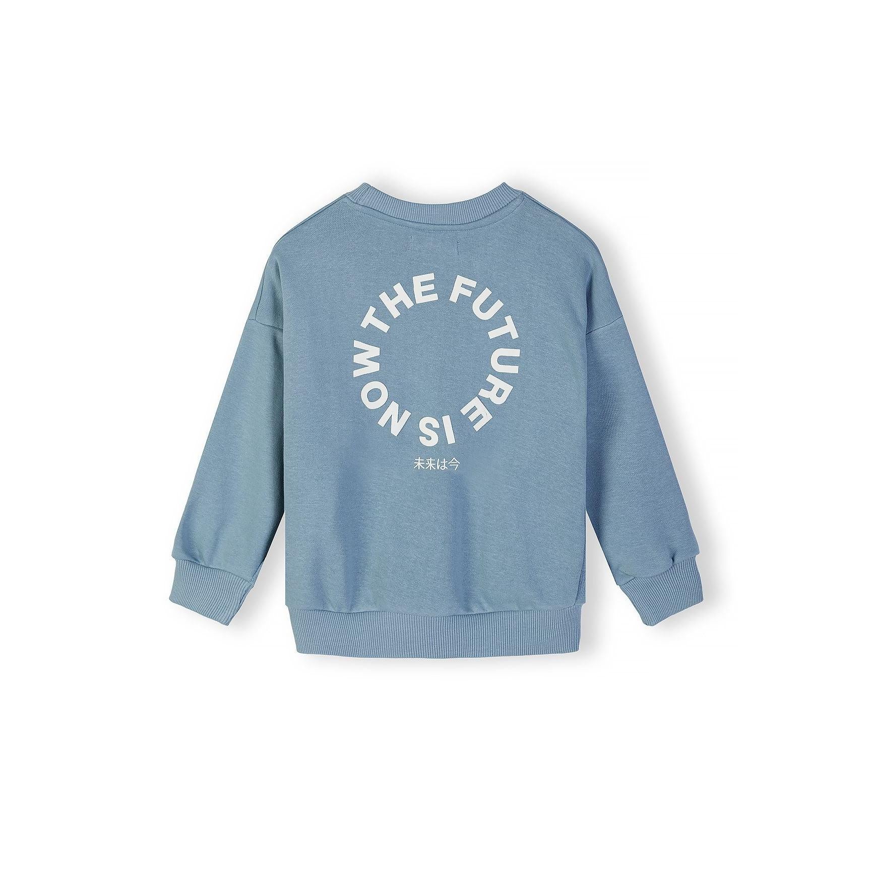Back view of blue grey sweatshirt showing circular 'The Future is Now' text print with Japanese characters below