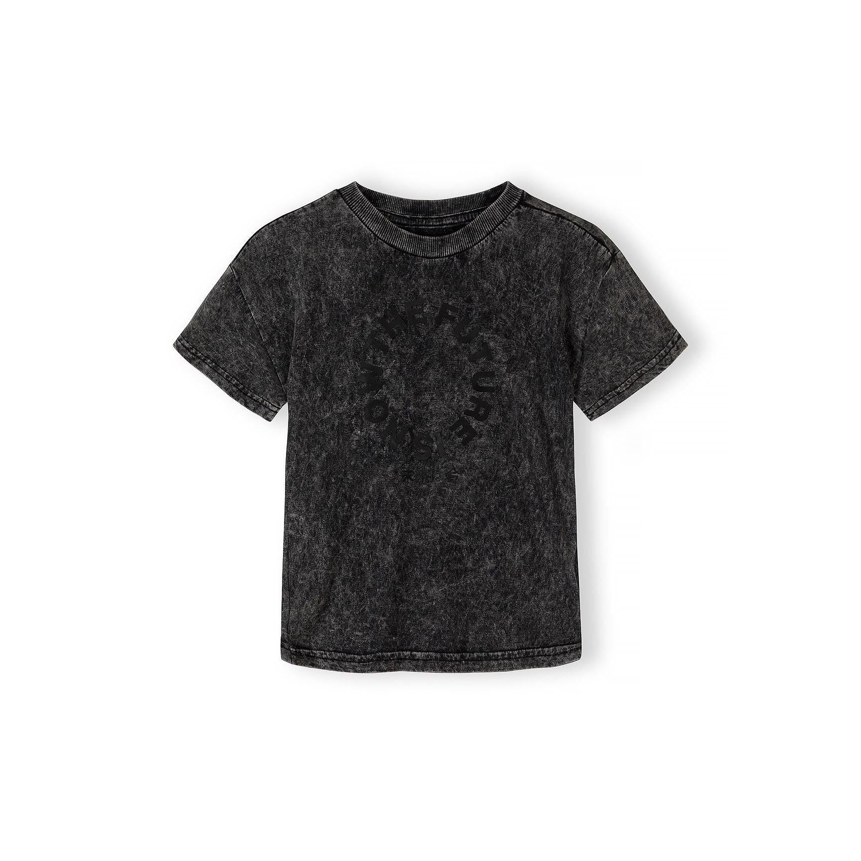 Close-up detail of grey acid wash fabric texture showing circular logo print and neckline construction