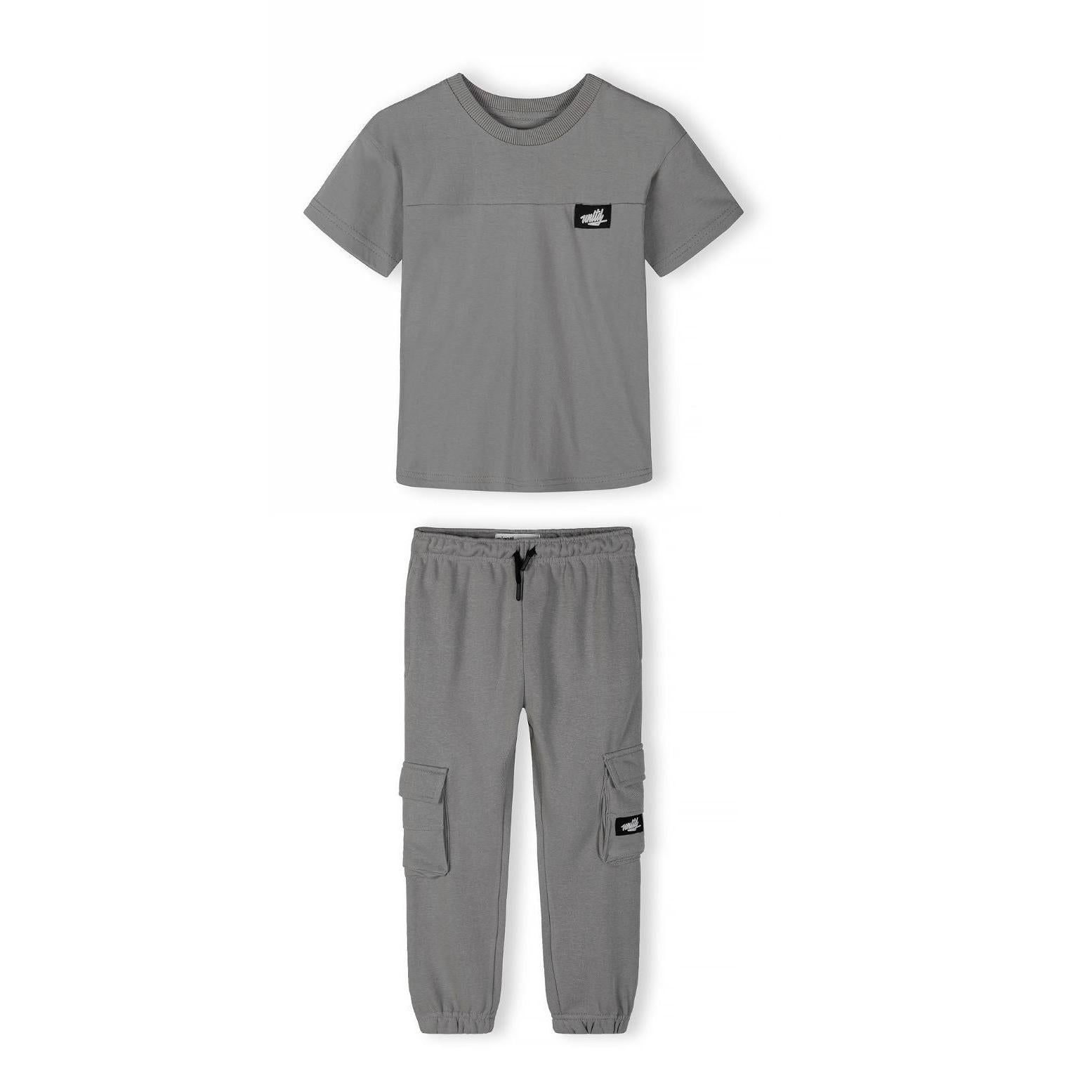 Back view of grey cotton t-shirt with ribbed crew neckline showing clean minimal design on white background