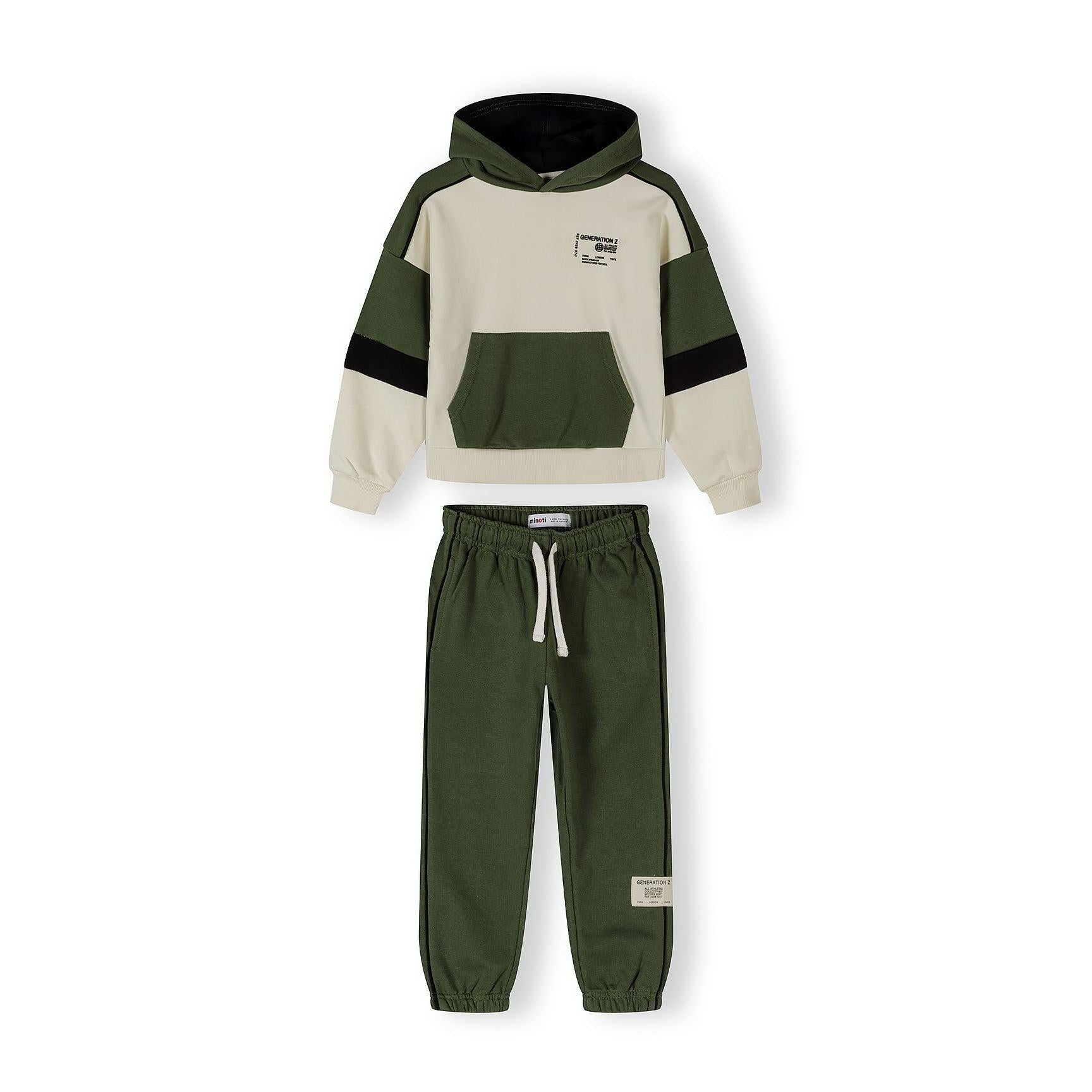 Back view of khaki hooded sweatshirt showing colour-blocked design with cream and green panels on white background