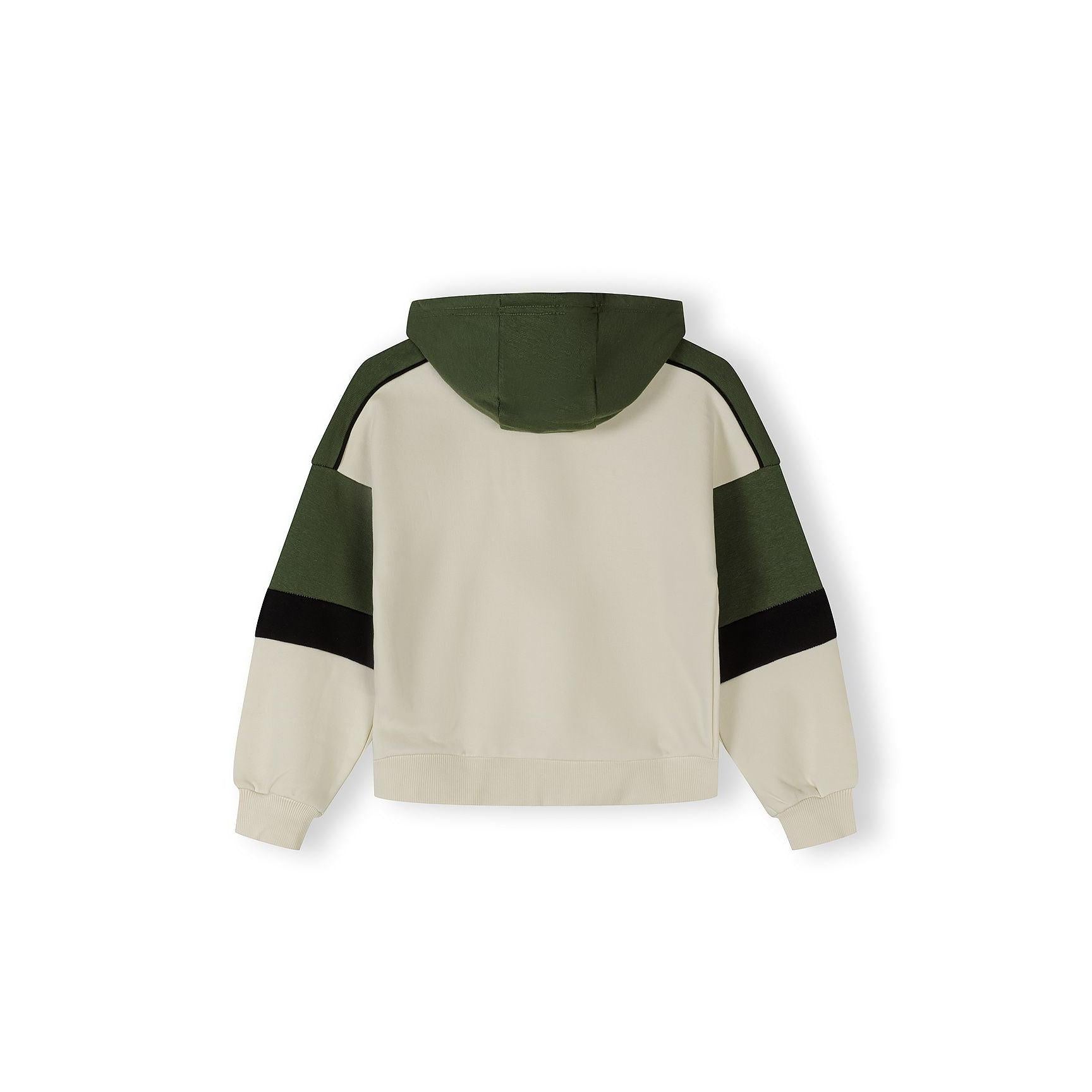Back view of khaki hooded sweatshirt showing colour-blocked design with cream and green panels on white background