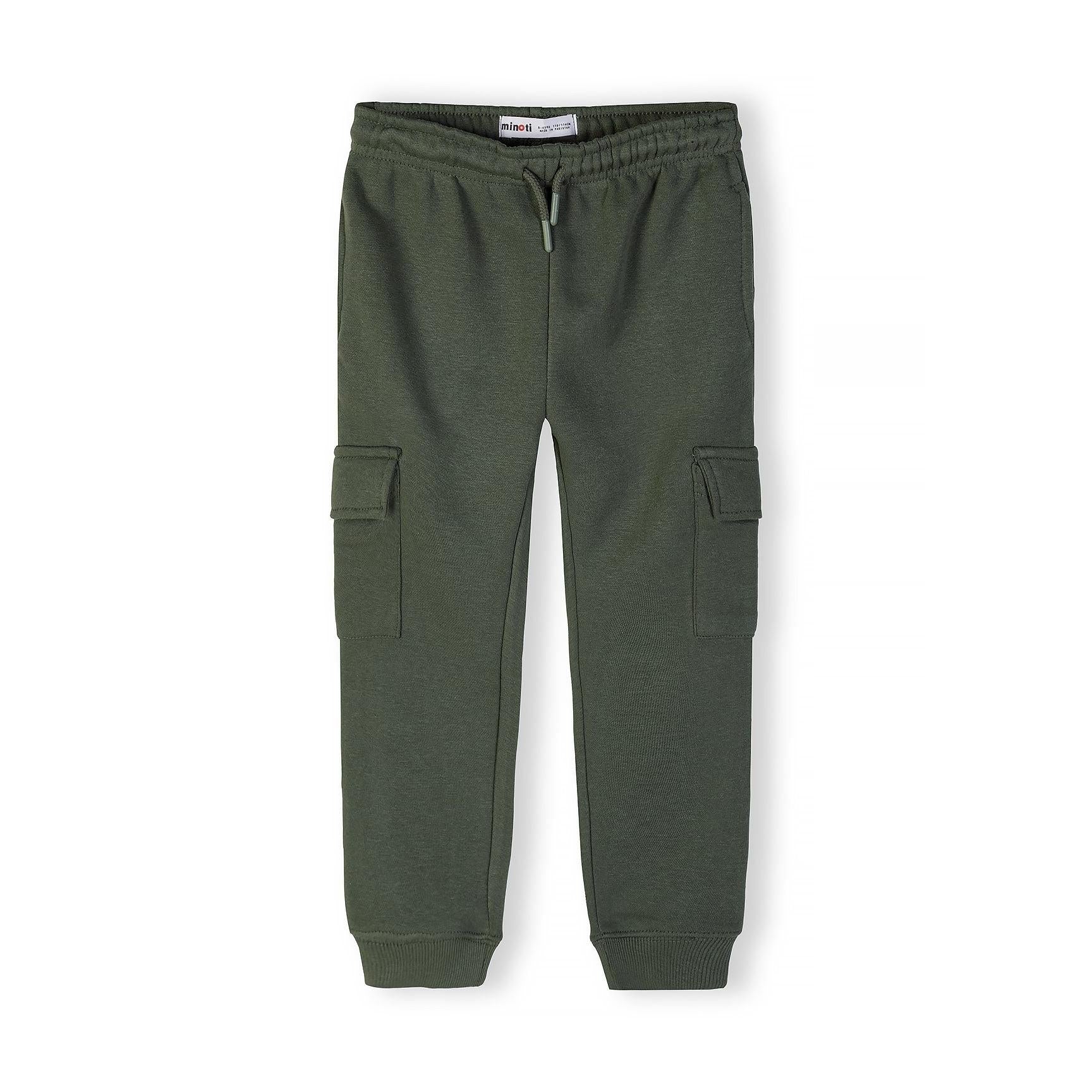 Single khaki cargo jogger laid flat showing front view with side cargo pockets, drawstring waist and ribbed cuffs on white background