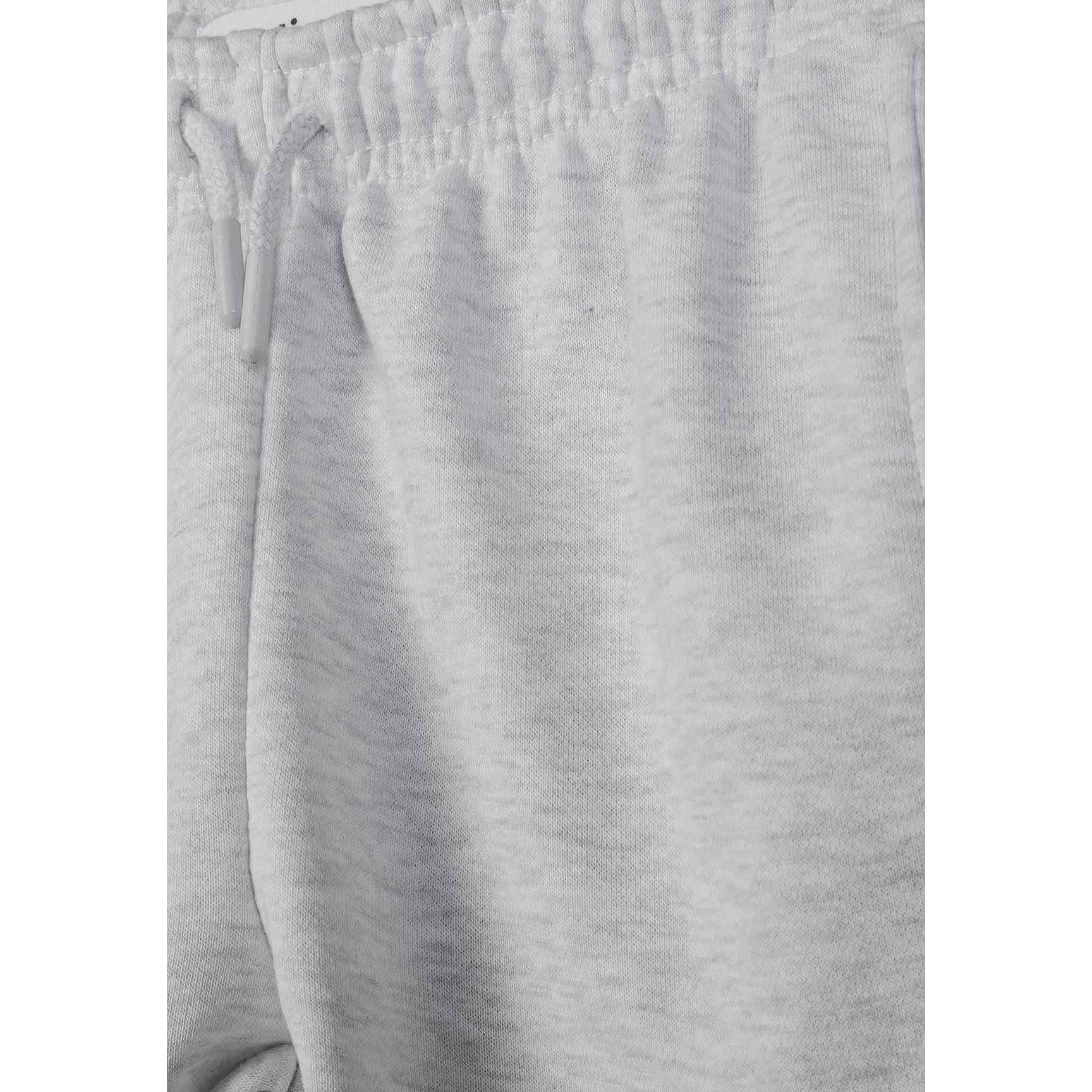 Close-up detail of light grey cargo joggers showing ribbed waistband texture and fabric quality on white background