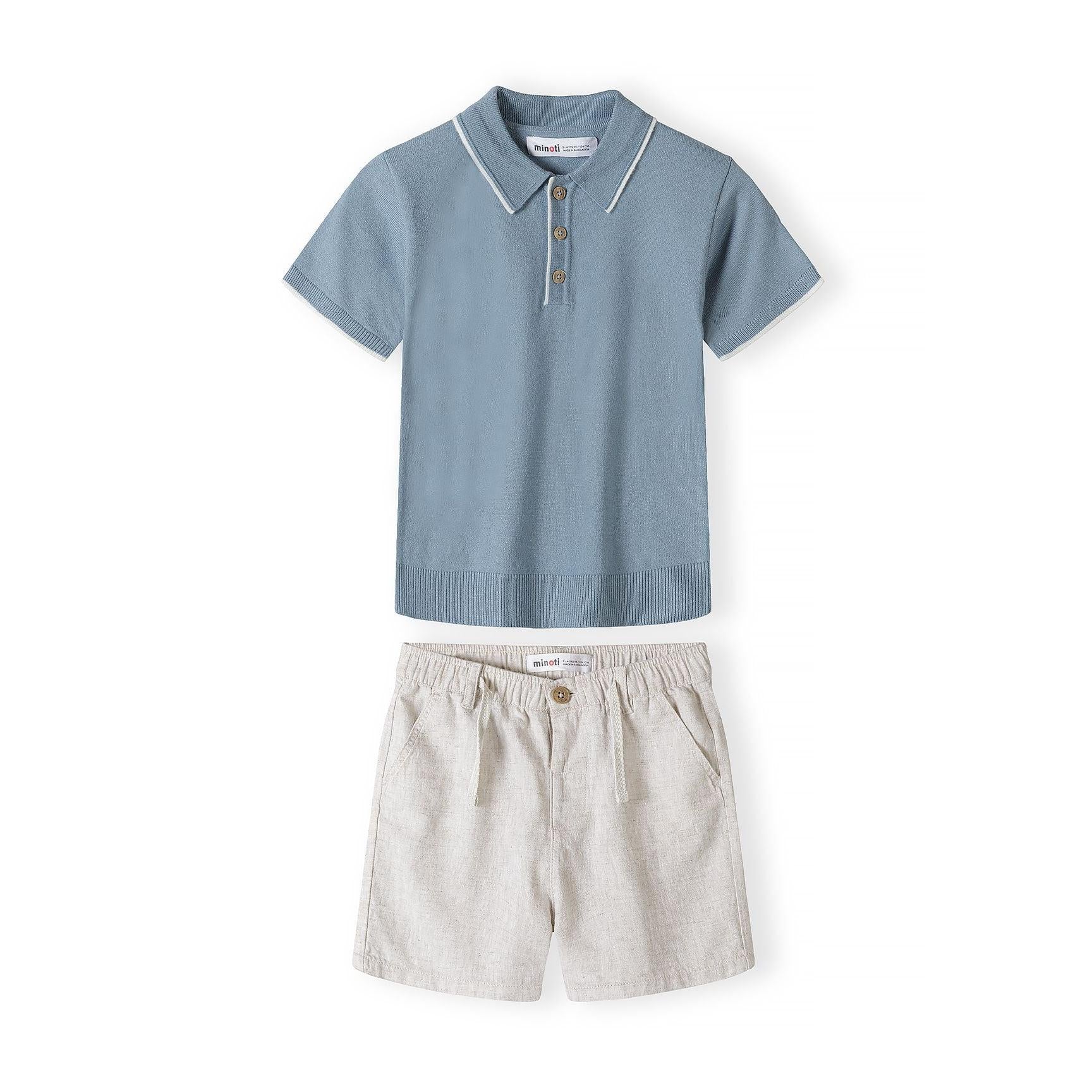 Back view of light blue knitted polo shirt showing ribbed collar, cuffs and hem detail against white background