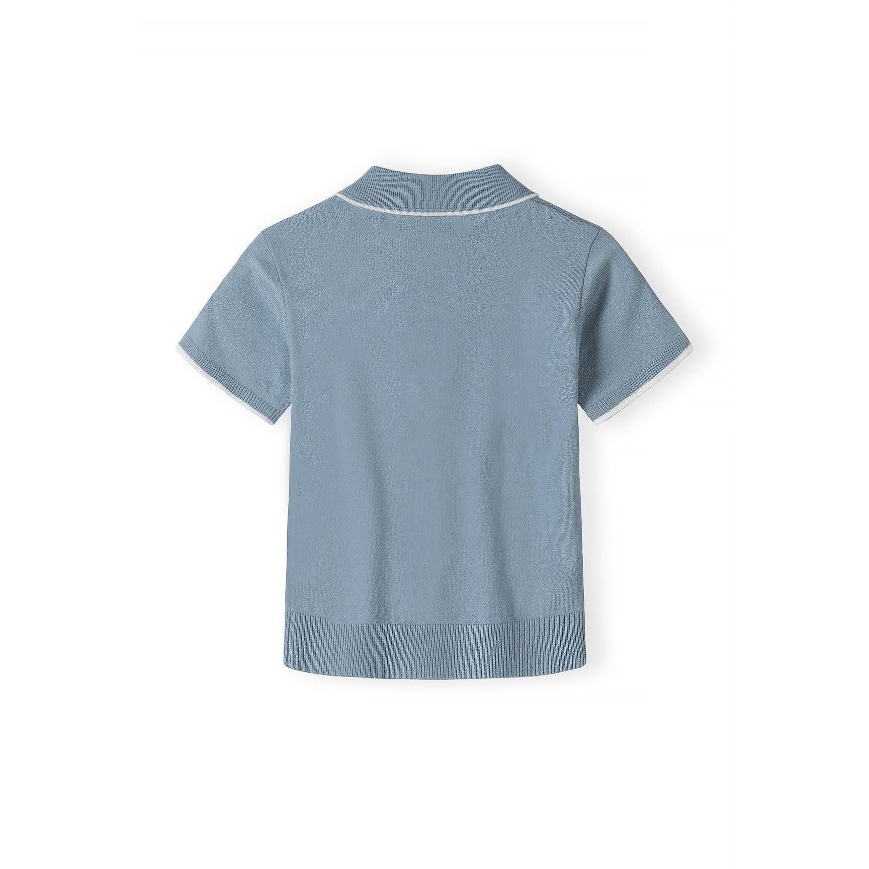Back view of light blue knitted polo shirt showing ribbed collar, cuffs and hem detail against white background