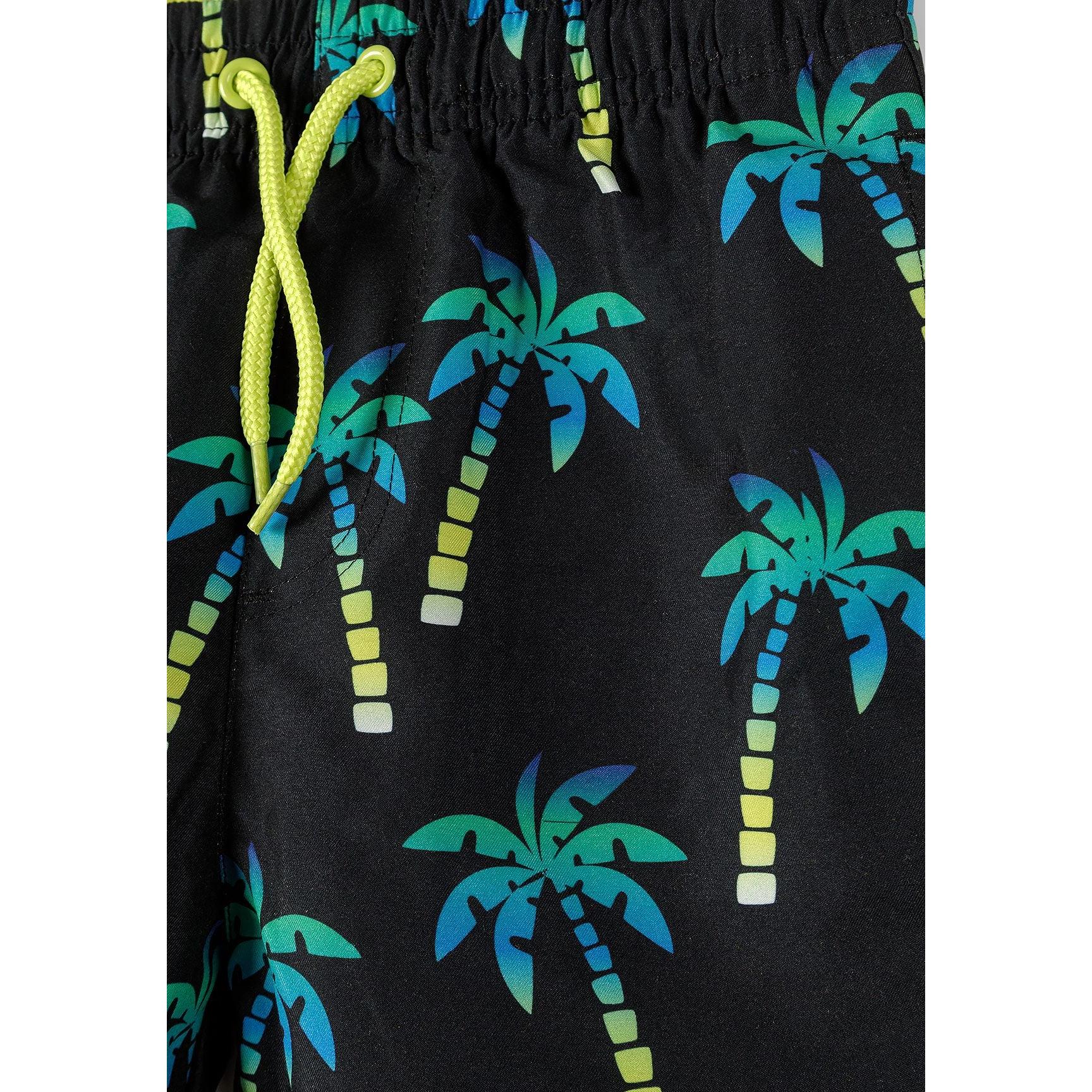 Close-up detail of black fabric with colorful palm tree print showing teal, blue and yellow tropical design elements