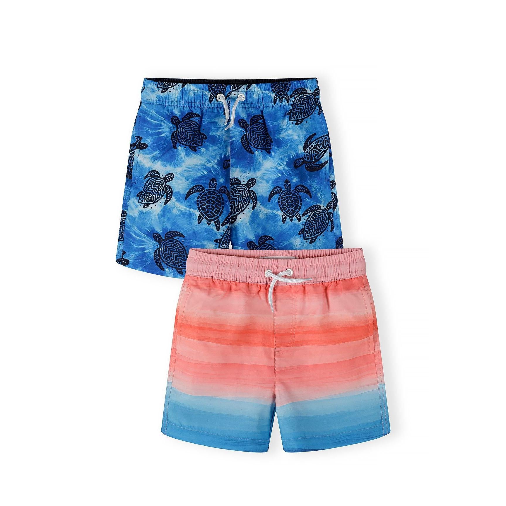 Two swim shorts displayed flat - blue shorts with dark turtle print pattern and coral-blue ombré striped shorts with pink waistband on white background
