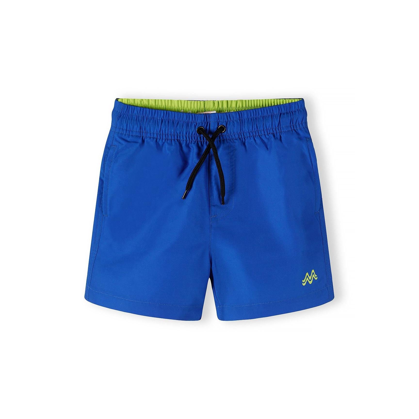 Single lime green swim shorts with blue waistband trim, black drawstring ties and embroidered logo on white background