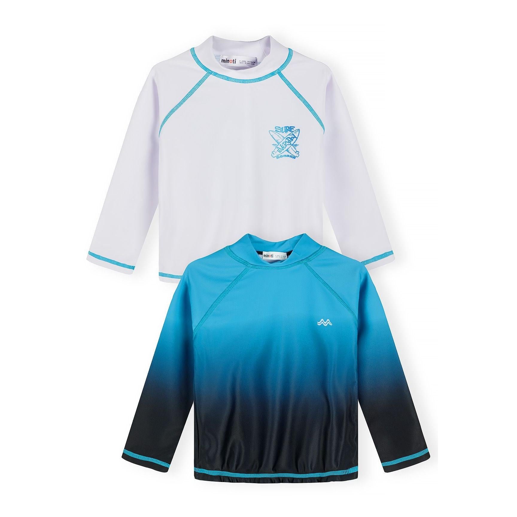 Flat lay of white long sleeve rash vest with blue surf board graphics and contrast blue stitching on white background