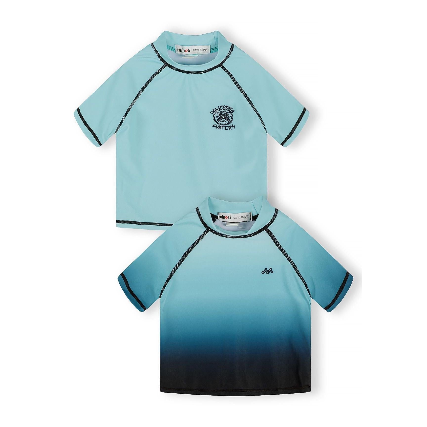 Two blue swim t-shirts laid flat showing light blue solid design with chest logo and blue gradient ombre style with mountain logo on white background