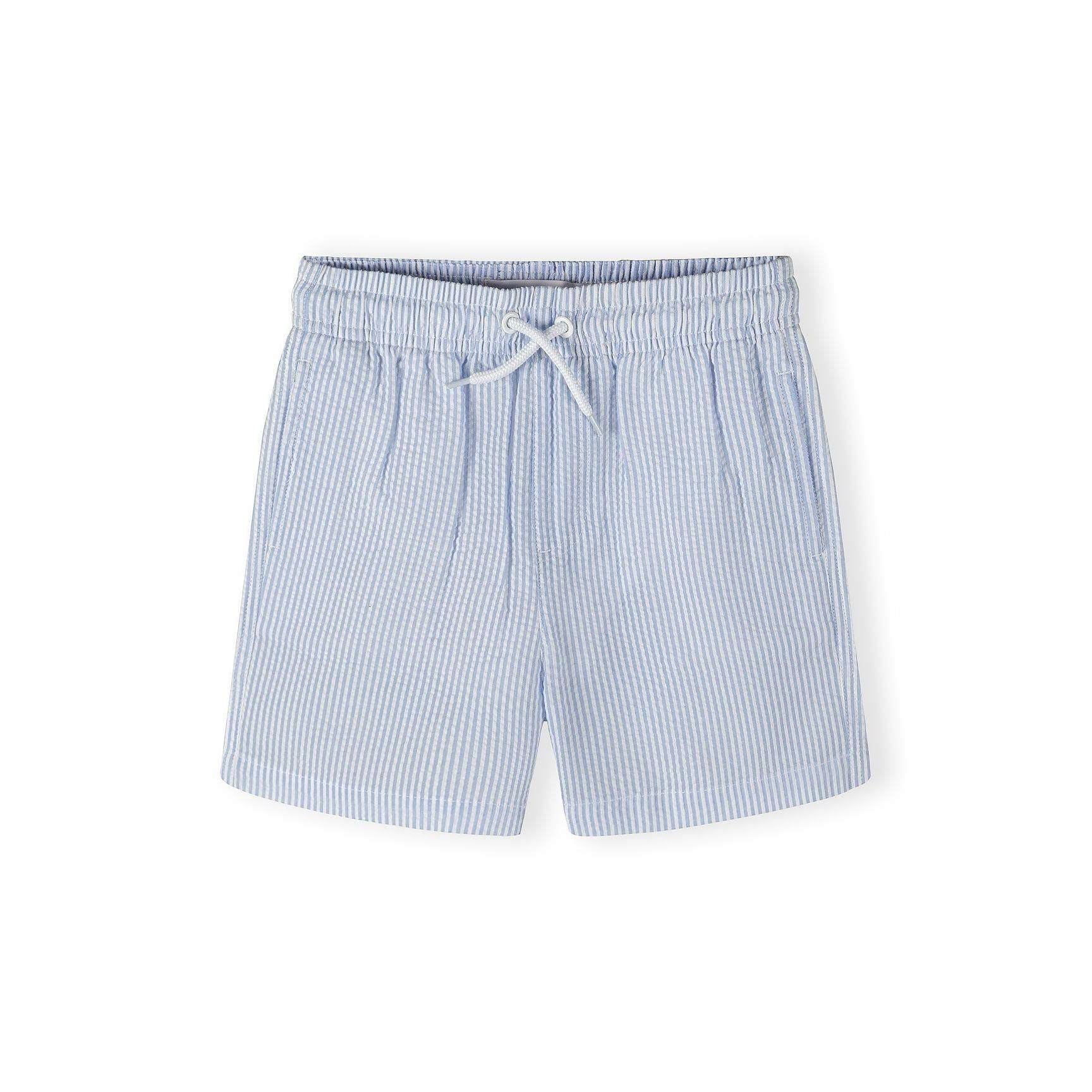 Single light blue striped swim shorts with white vertical stripes, elasticated waistband with white drawstring ties, laid flat on white background
