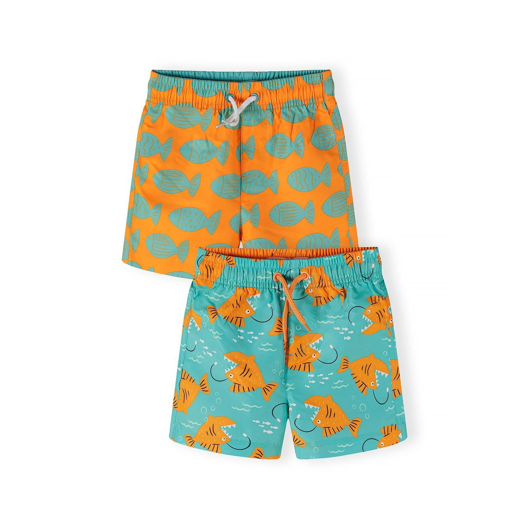 Two boys swim shorts with fish prints - orange shorts with turquoise fish pattern and turquoise shorts with orange fish pattern, displayed against white background