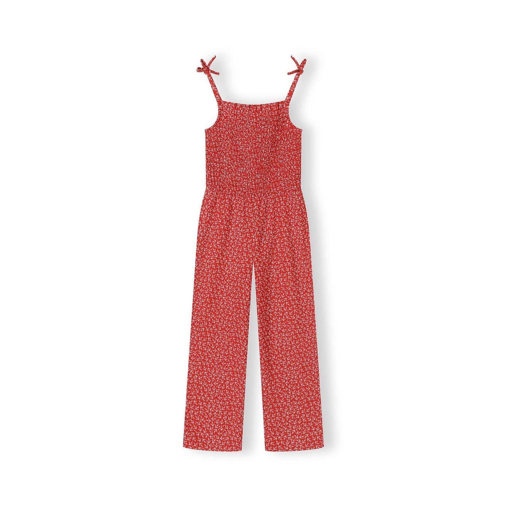Red and white floral jumpsuit laid flat showing shirred bodice detail and tie shoulder straps on white background