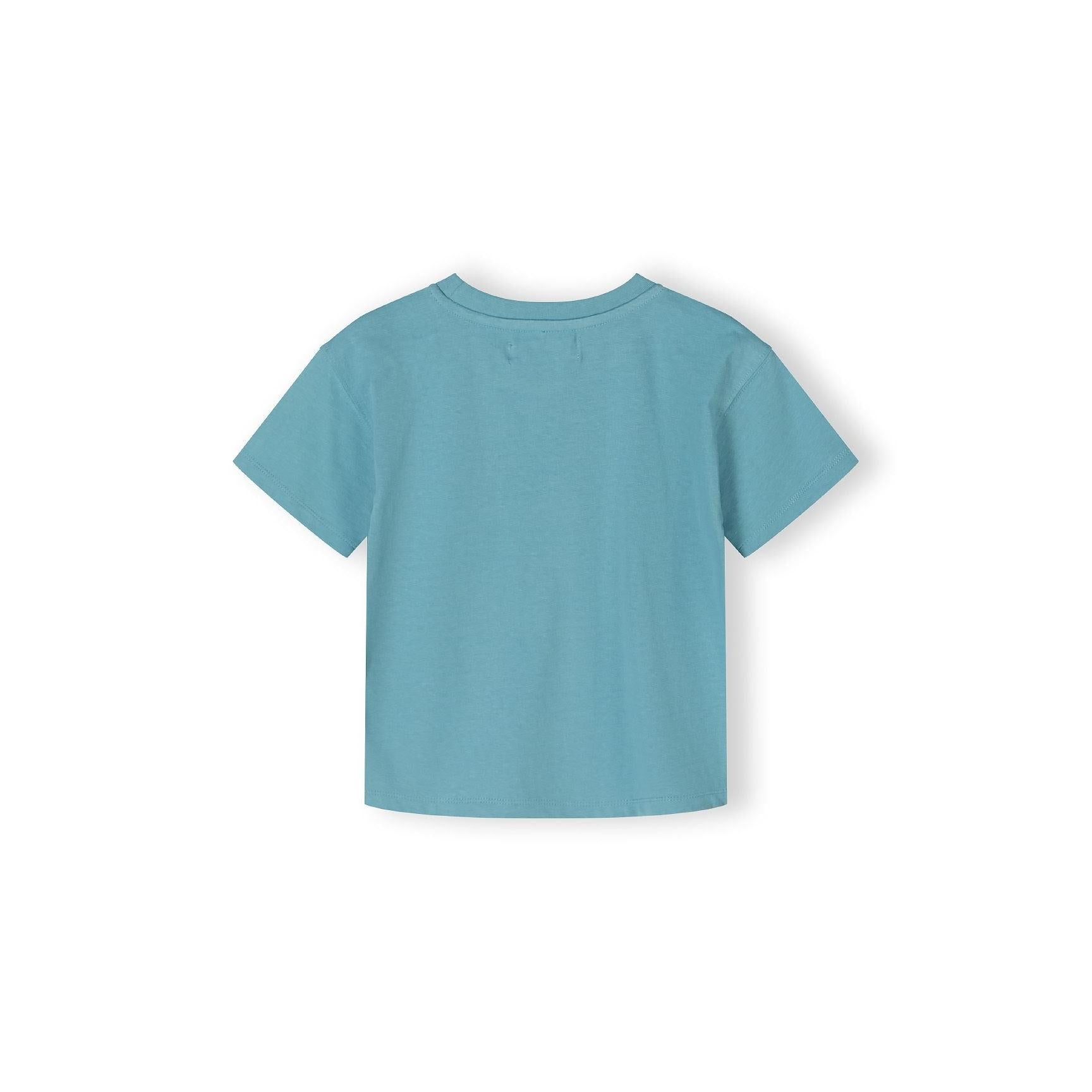 Back view of teal cotton t-shirt laid flat showing plain design and short sleeves