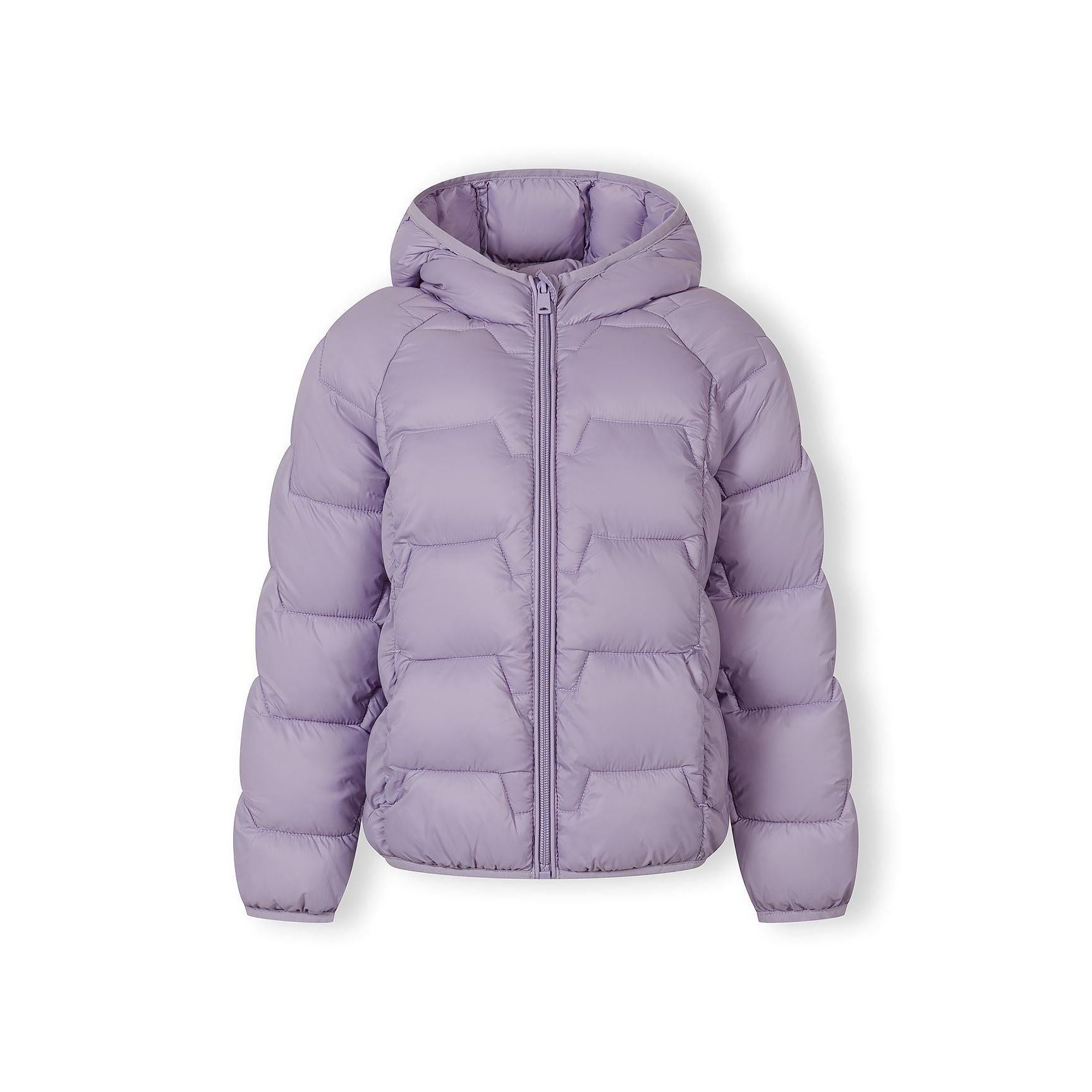 Purple puffer jacket laid flat showing quilted construction, adjustable hood, front zip closure and side pockets on white background