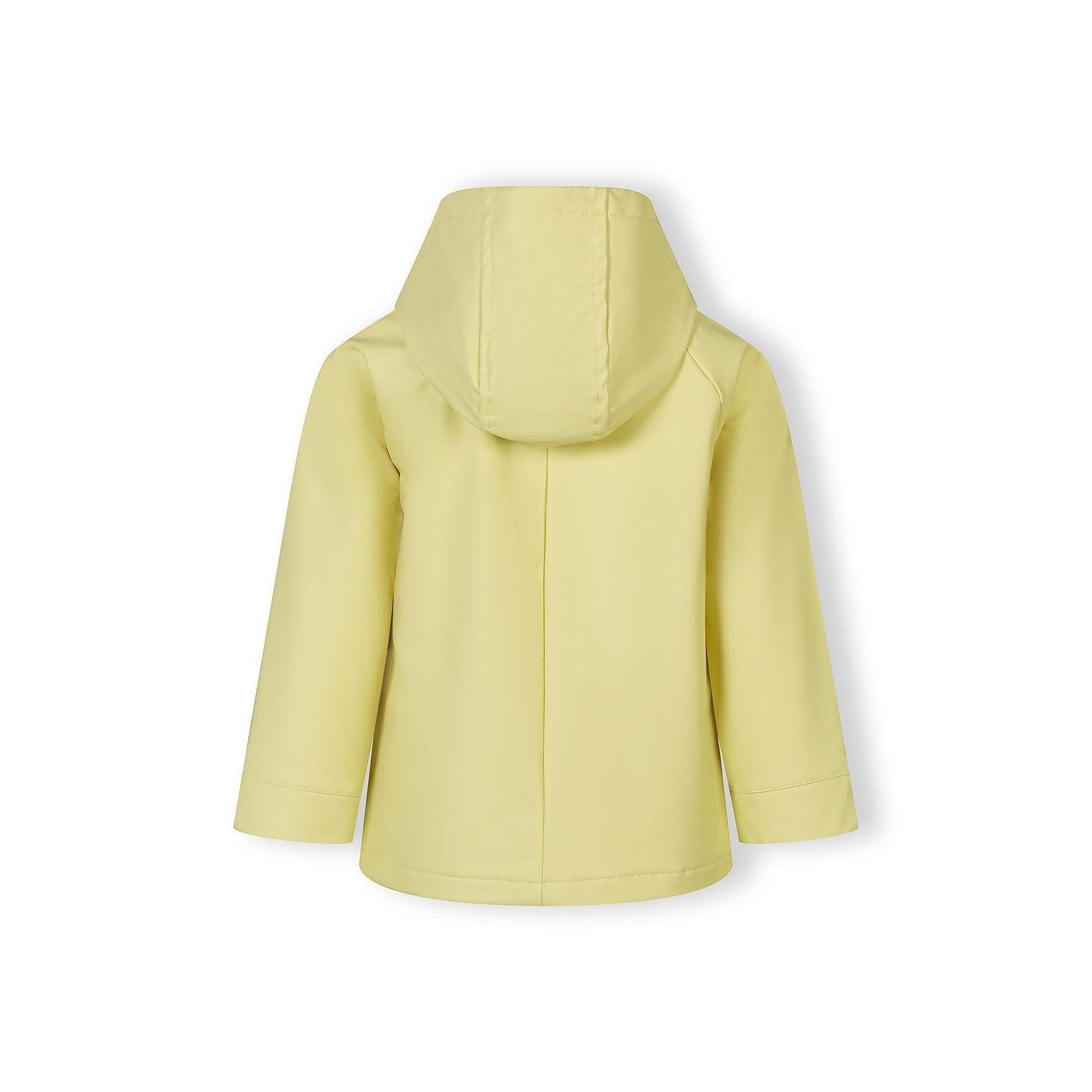 Close-up detail of yellow rain jacket front pocket with two snap button closures and stitched edges