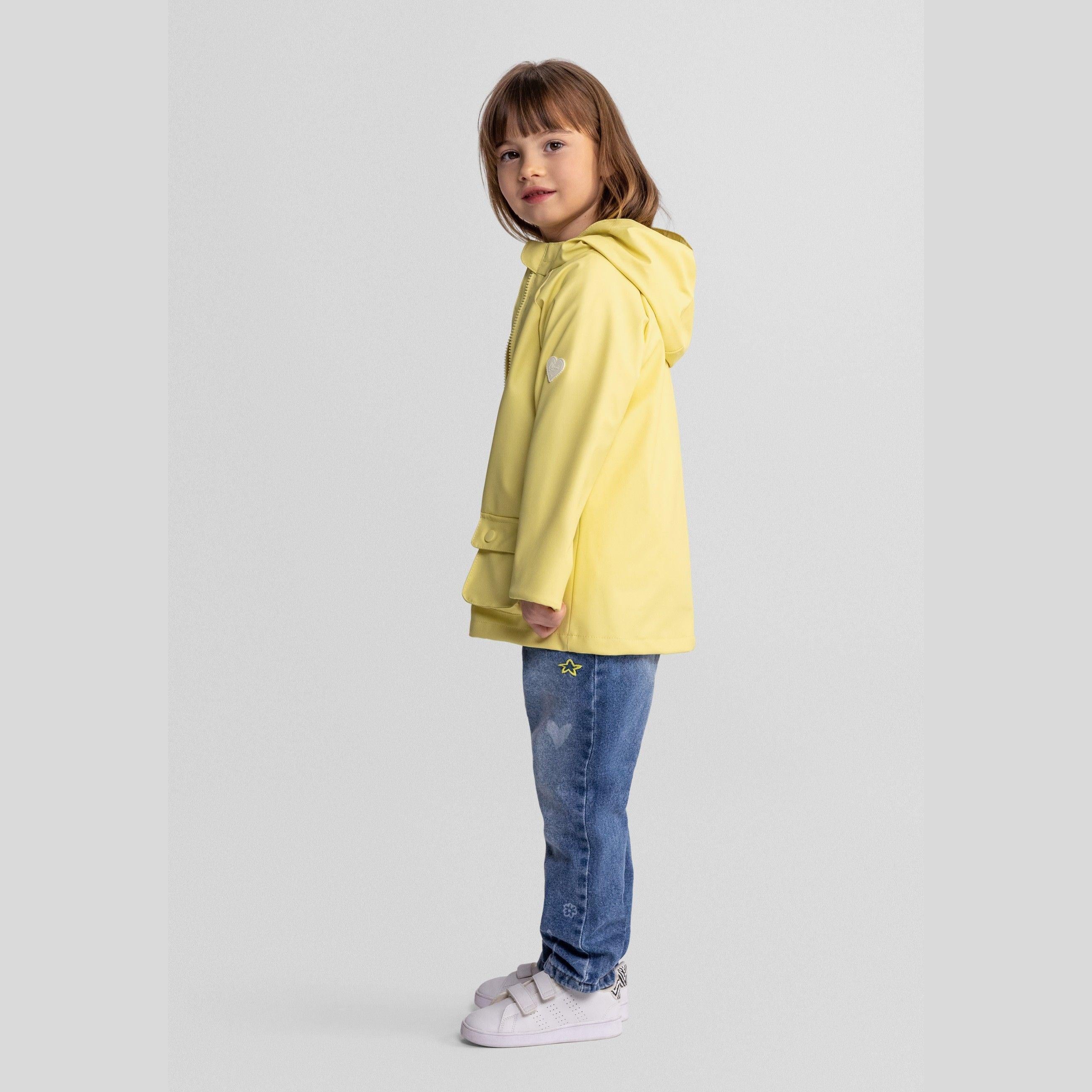 Flat lay of yellow rain jacket showing front view with hood, zip closure and two front pockets on white background