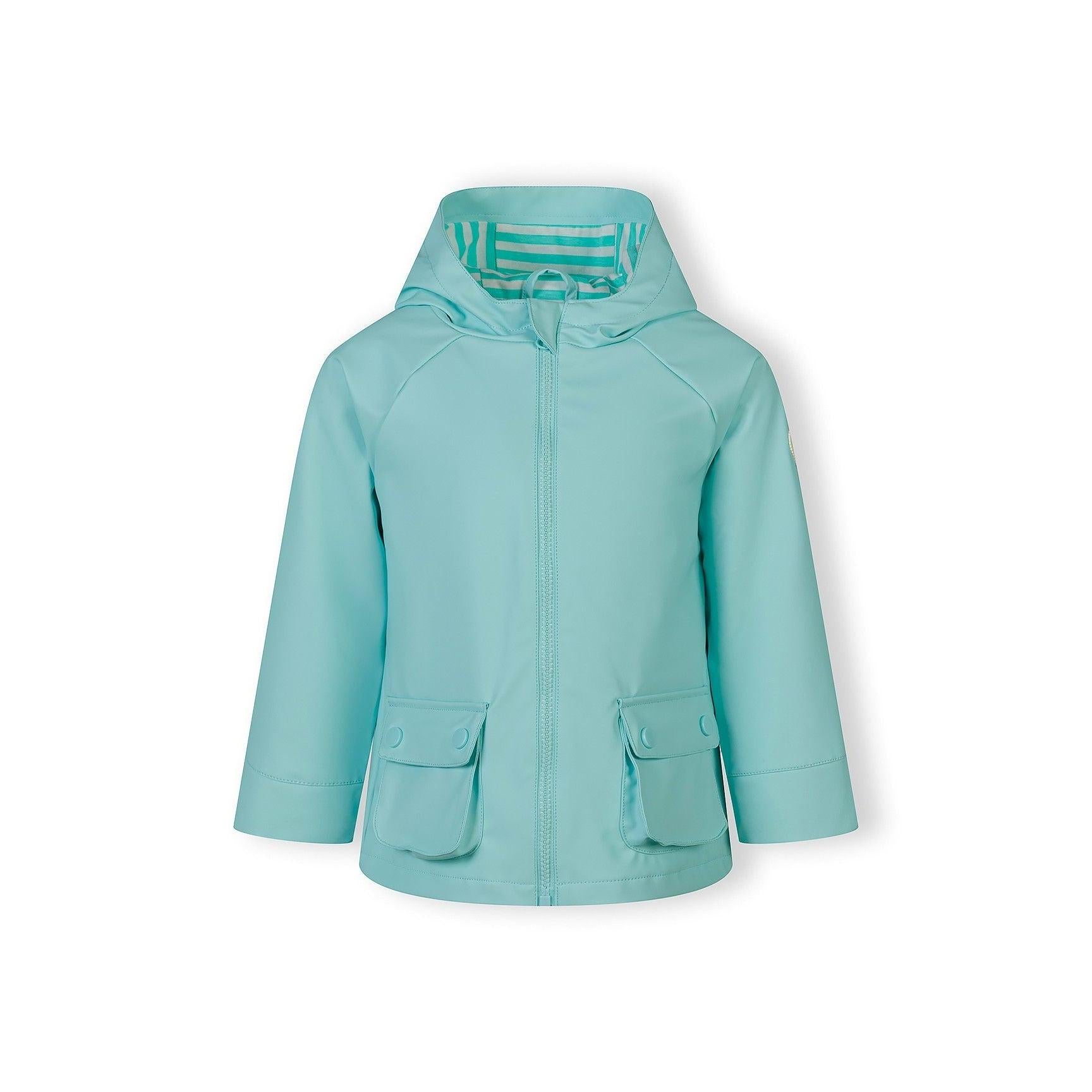 Front view of mint green rain jacket with fixed hood, full zip closure and two side pockets with button flaps, shown on white background