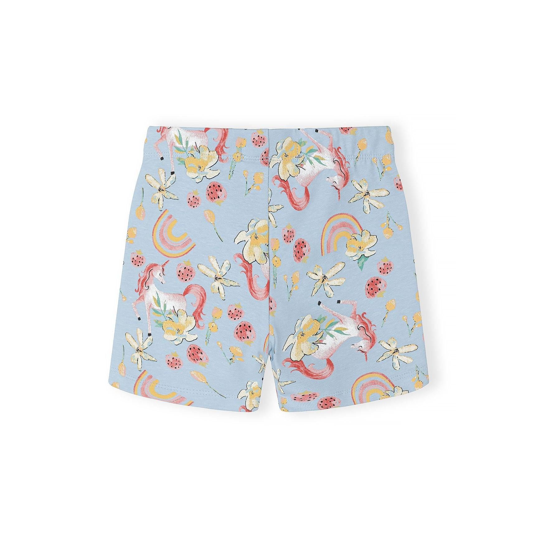 Close-up detail of light blue unicorn print fabric showing colourful unicorns, rainbows, flowers, and decorative elements on soft blue background