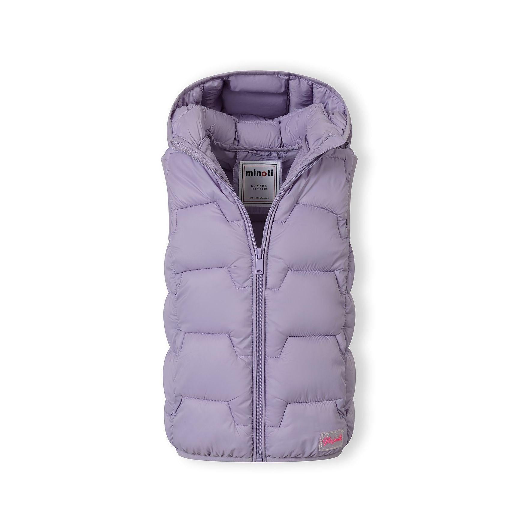 Flat lay of lilac padded gilet showing quilted construction, hood detail and Minoti branding label