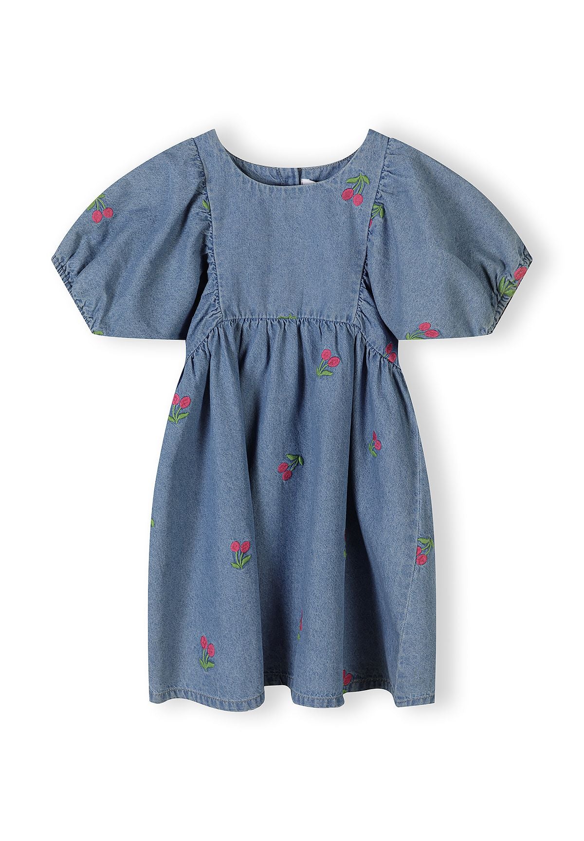 Flat lay of blue denim dress showing button-back fastening and cherry embroidery pattern on white background