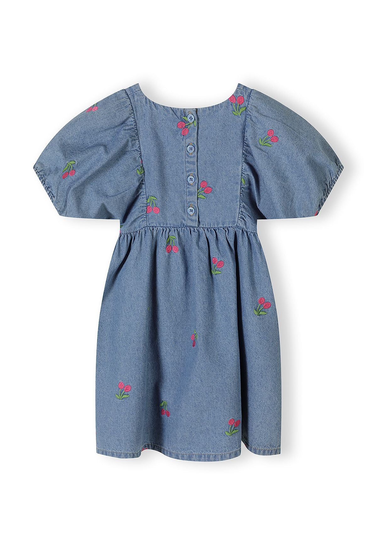 Flat lay of blue denim dress showing button-back fastening and cherry embroidery pattern on white background