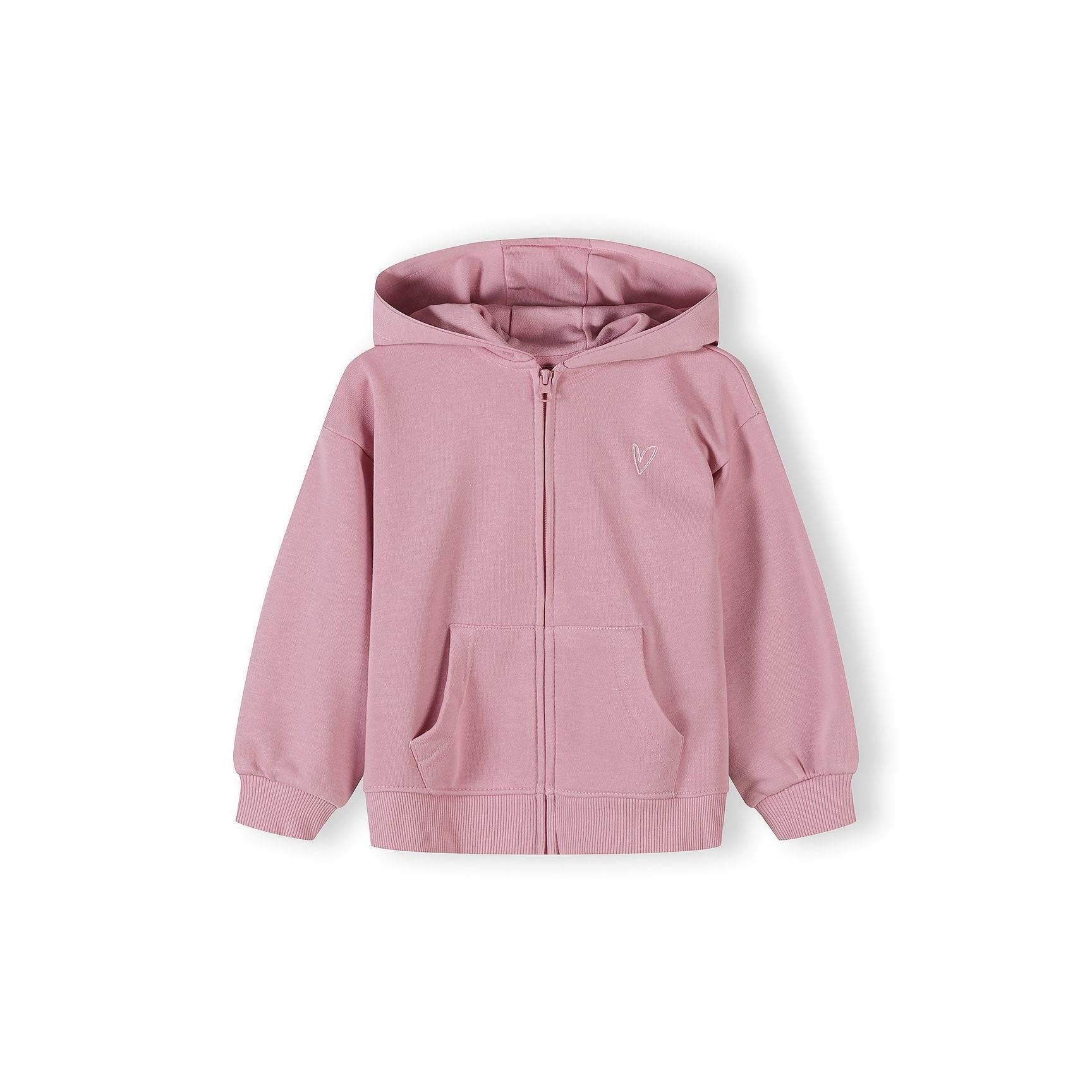 Single dusty pink zip-front hoodie on white background showing front view with kangaroo pocket, ribbed hem and cuffs, and small embroidered heart logo on chest