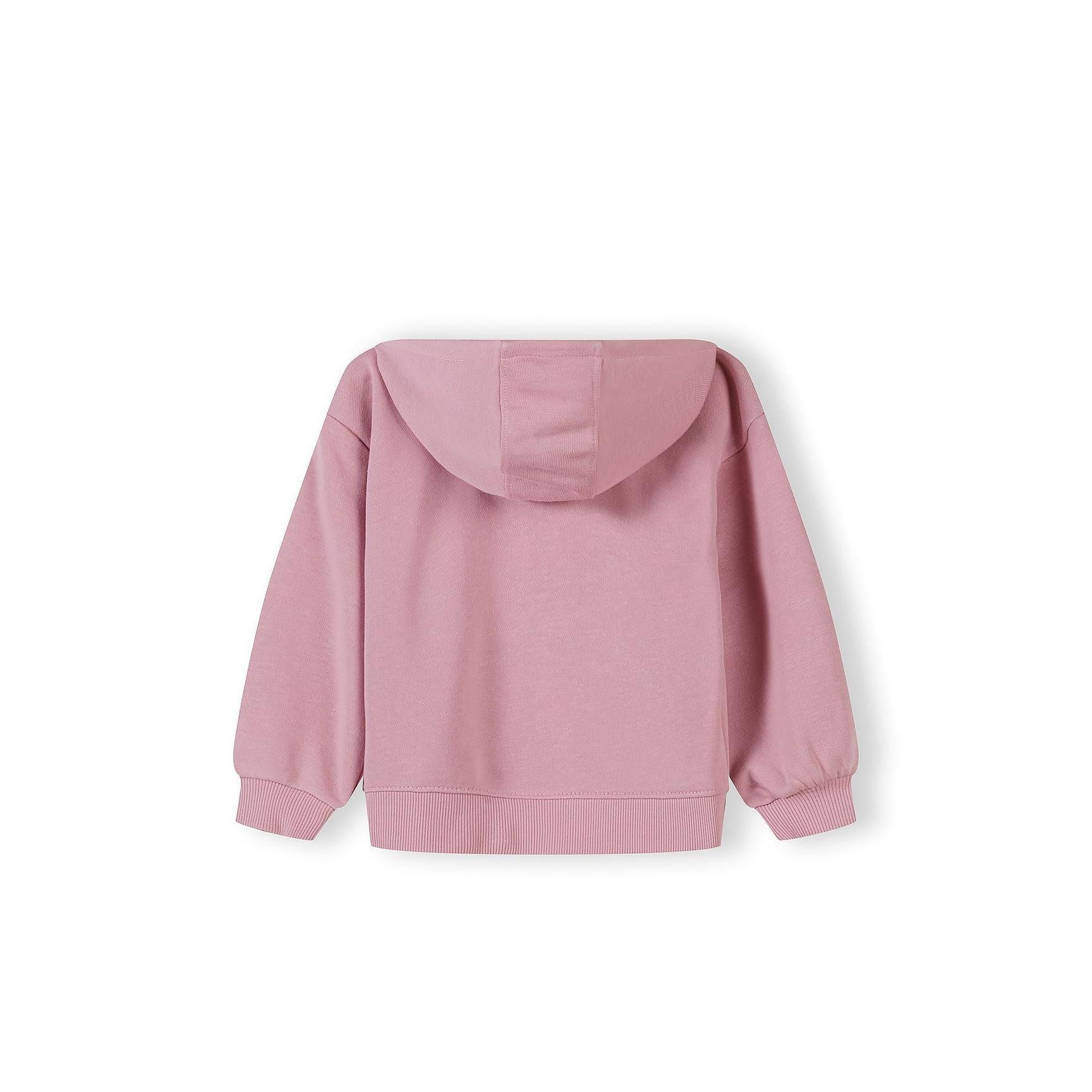 Close-up detail of dusty pink hoodie showing zip closure, embroidered heart logo on chest, and kangaroo pocket construction