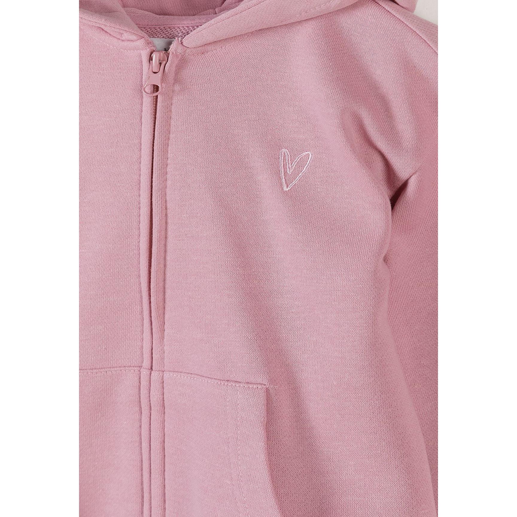 Close-up detail of dusty pink hoodie showing zip closure, embroidered heart logo on chest, and kangaroo pocket construction