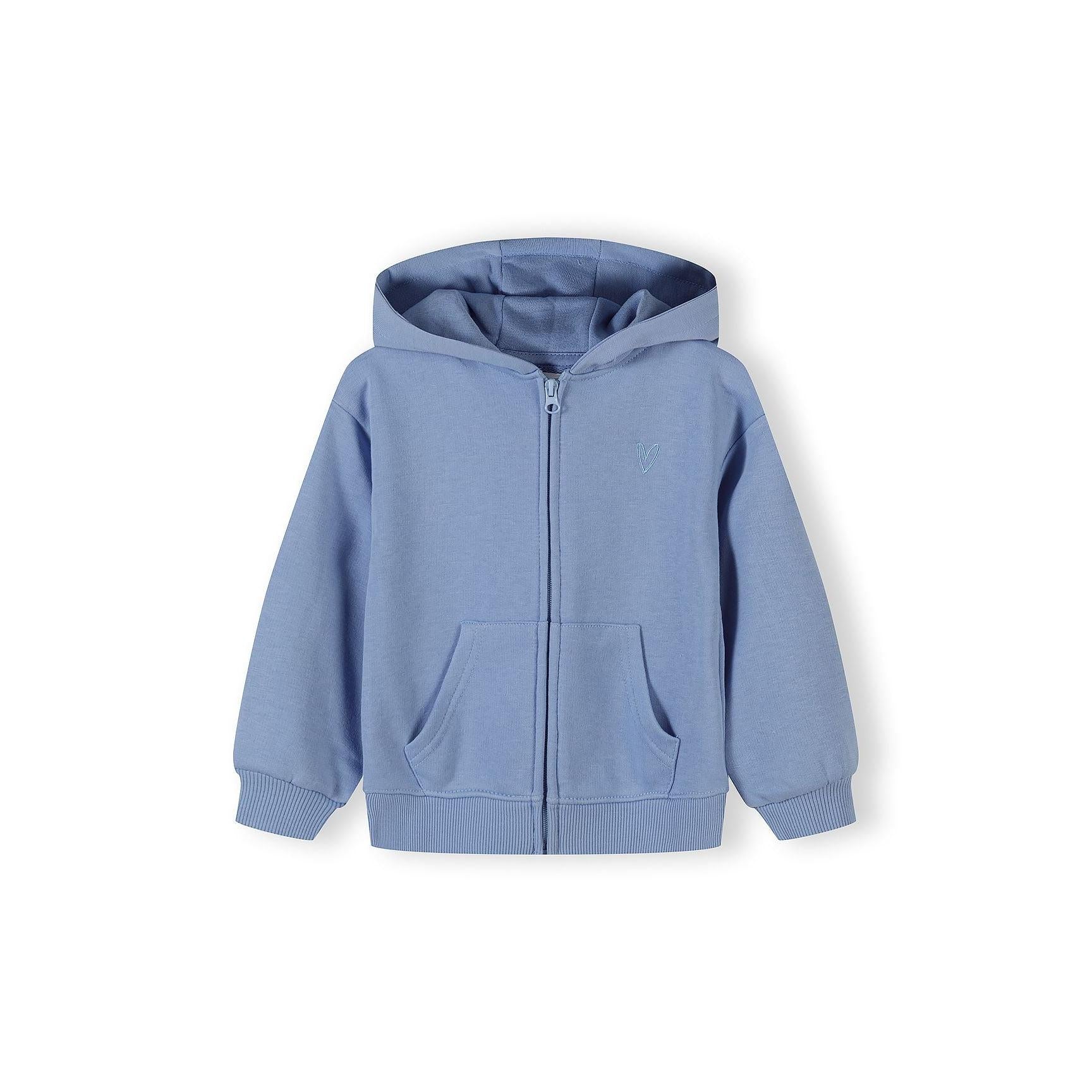 Single dusty pink zip-front hoodie on white background showing front view with kangaroo pocket, ribbed hem and cuffs, and small embroidered heart logo on chest