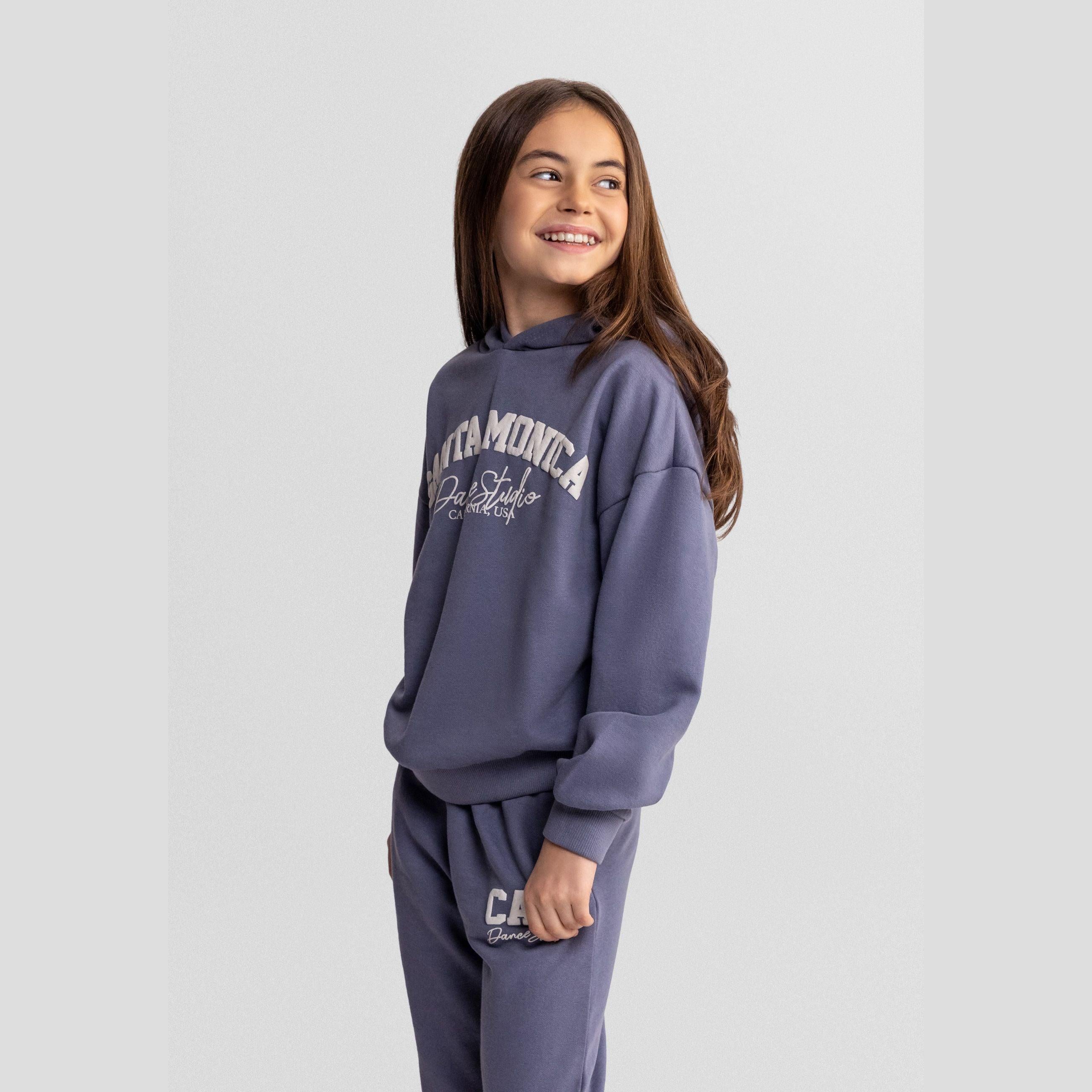 Blue-grey hooded sweatshirt with Santa Monica Dance Studio California Co text in white lettering, shown against white background