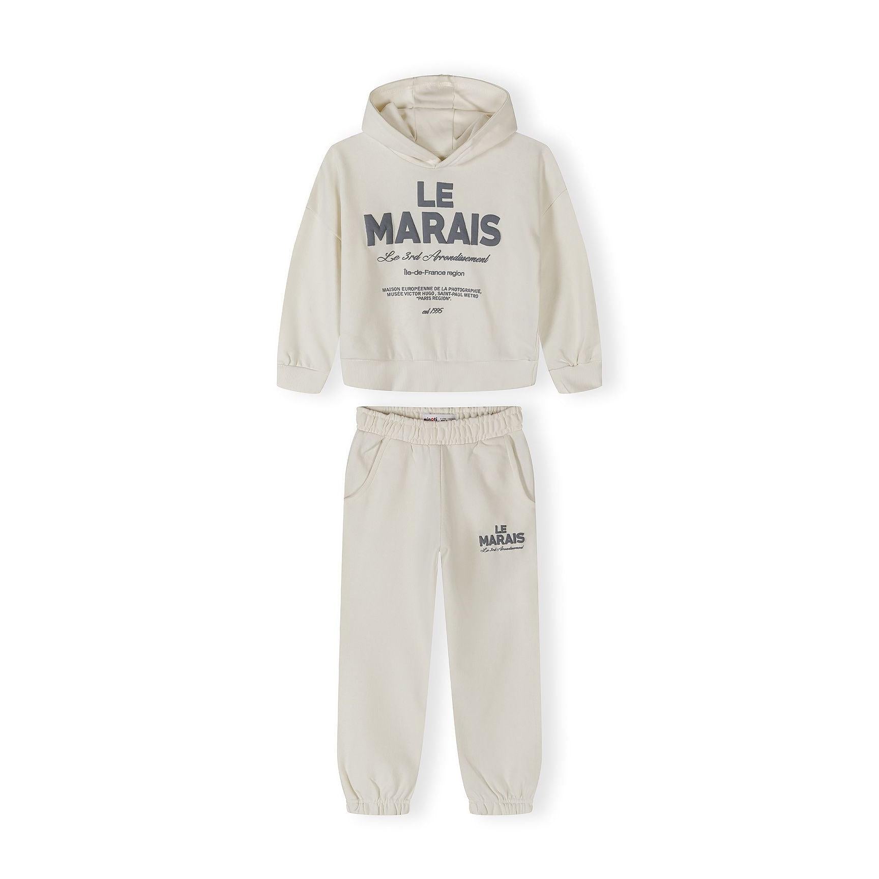 Back view of off white hooded sweatshirt showing plain design and hood construction on white background