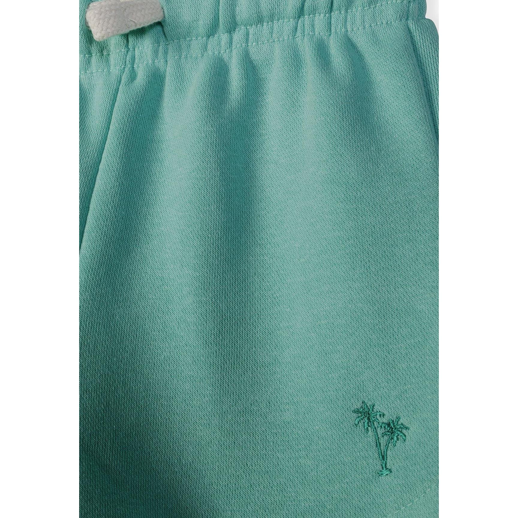 Detail view of mint green shorts fabric texture showing embroidered palm tree motif on the leg area