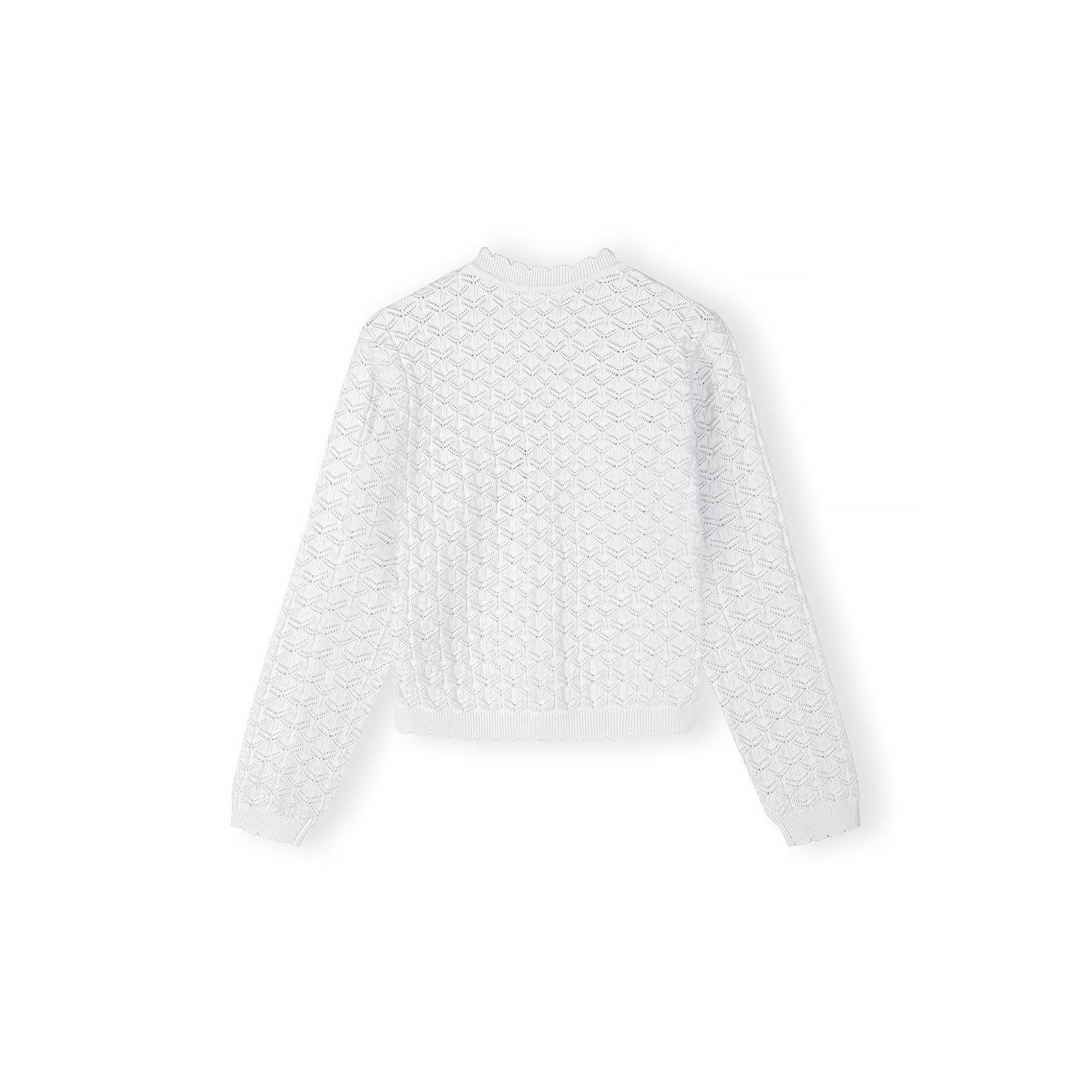 Close-up detail of white cardigan showing Minoti label and intricate wavy knit pattern texture